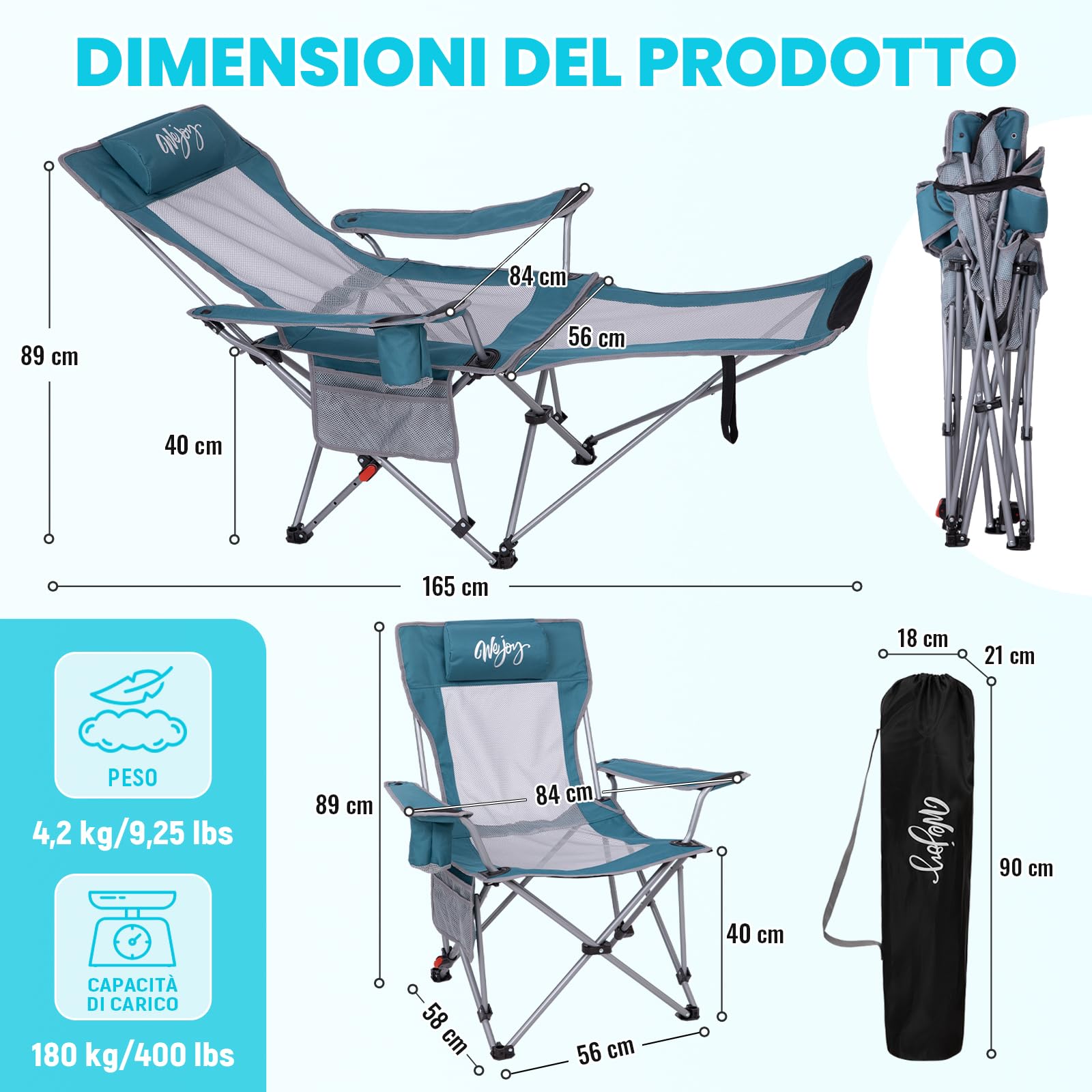 #WEJOY Sedia da campeggio pieghevole 2 in 1, 180 kg, con poggiapiedi, sedia da spiaggia con schienale regolabile in 4 posizioni, sedia a sdraio, sedia a sdraio con supporto per bevande, sedia da
