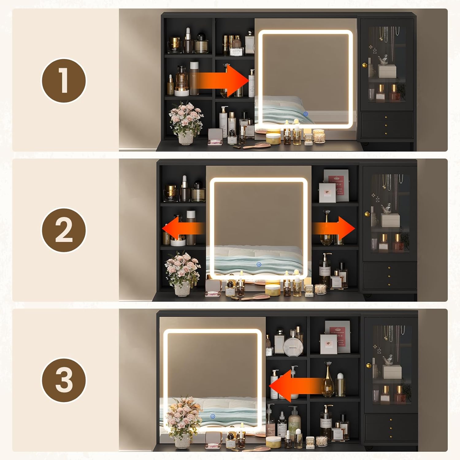 Sequence showing the LED mirror sliding horizontally to reveal hidden storage shelves.