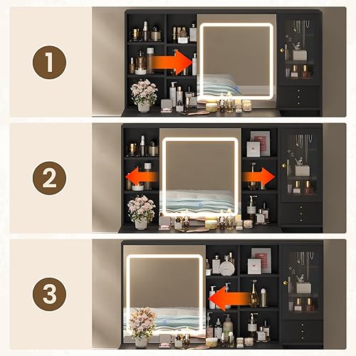 Miniatura 3 de Makeup Vanity Desk with Mirror & Lights, Power Outlets, Modern Vanity Table with Drawers & Shelves, Dressing Table, for Bedroom, Black