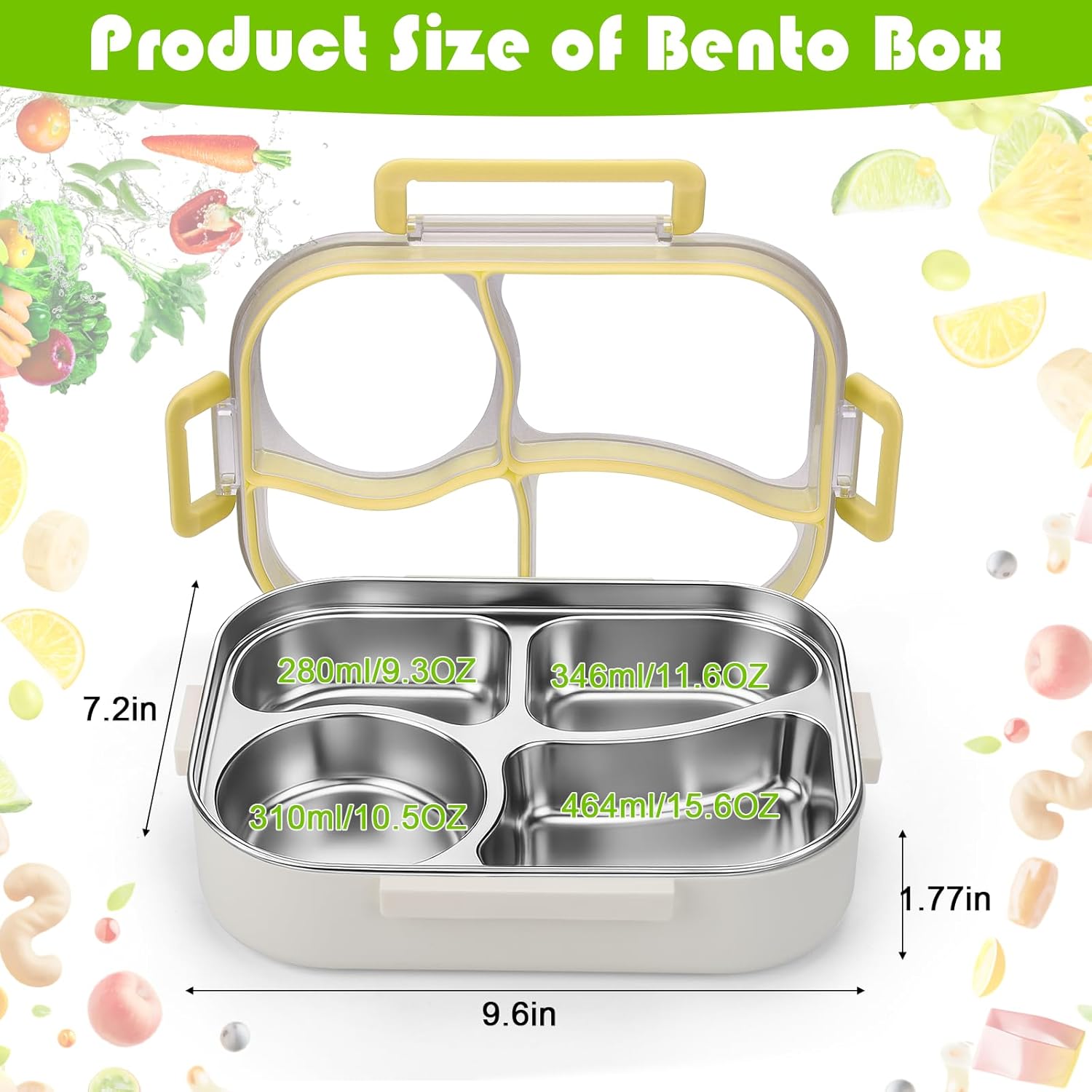 Palksky Lunch Box Stainless Steel, Metal Bento Boxes Leak-Proof, 4 Compartments Bento Lunch Box, Food Storage Containers, Dishwasher Safe - Yellow