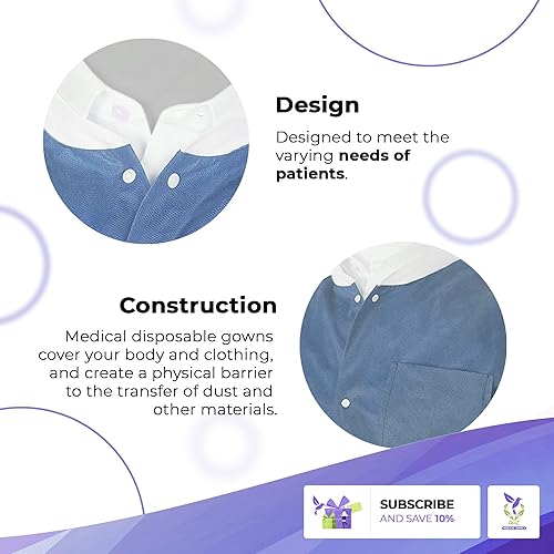 Miniatura 4 de AMZ Medical Supply Abrigo de laboratorio desechable mediano paquete de 10 abrigos de laboratorio desechables de arándanos para adultos 45 gsm SMS