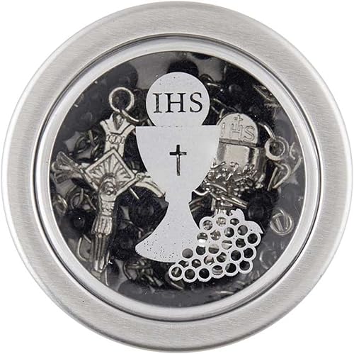 Miniatura 3 de Rosario de cuentas negras con cáliz y anfitrión pequeño, rosarios con cuentas de oración de vidrio y centro de mesa de crucifijo en tono plateado,