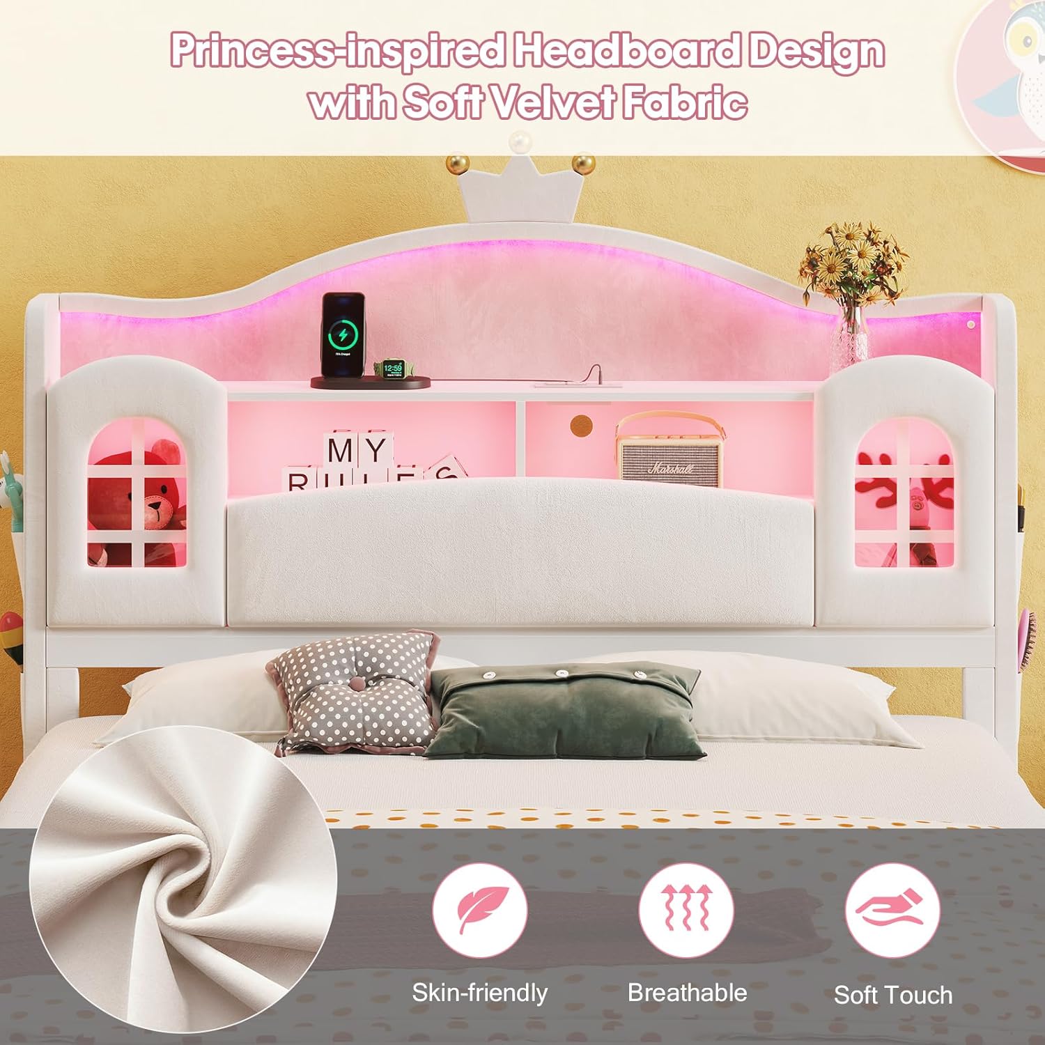 Dnxao Full Size Bed Frame with Storage Headboard, Princess Bed with LED Lights,Upholstered Girls Bed with Crown,Charging Station,No Box Spring Needed,Easy Assembly, White