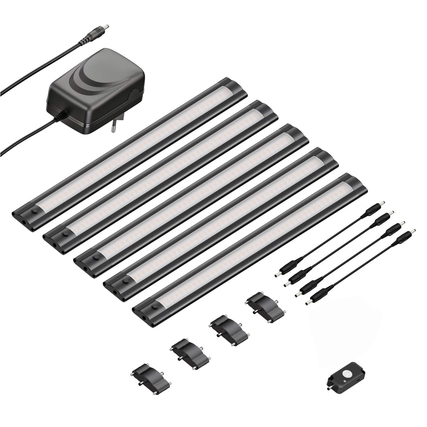 ledscom.de 5er Set LED Unterbau-Leuchte SIRIS schwarz matt mit Bewegungsmelder, flach, je 30cm, je 368lm, warmweiß