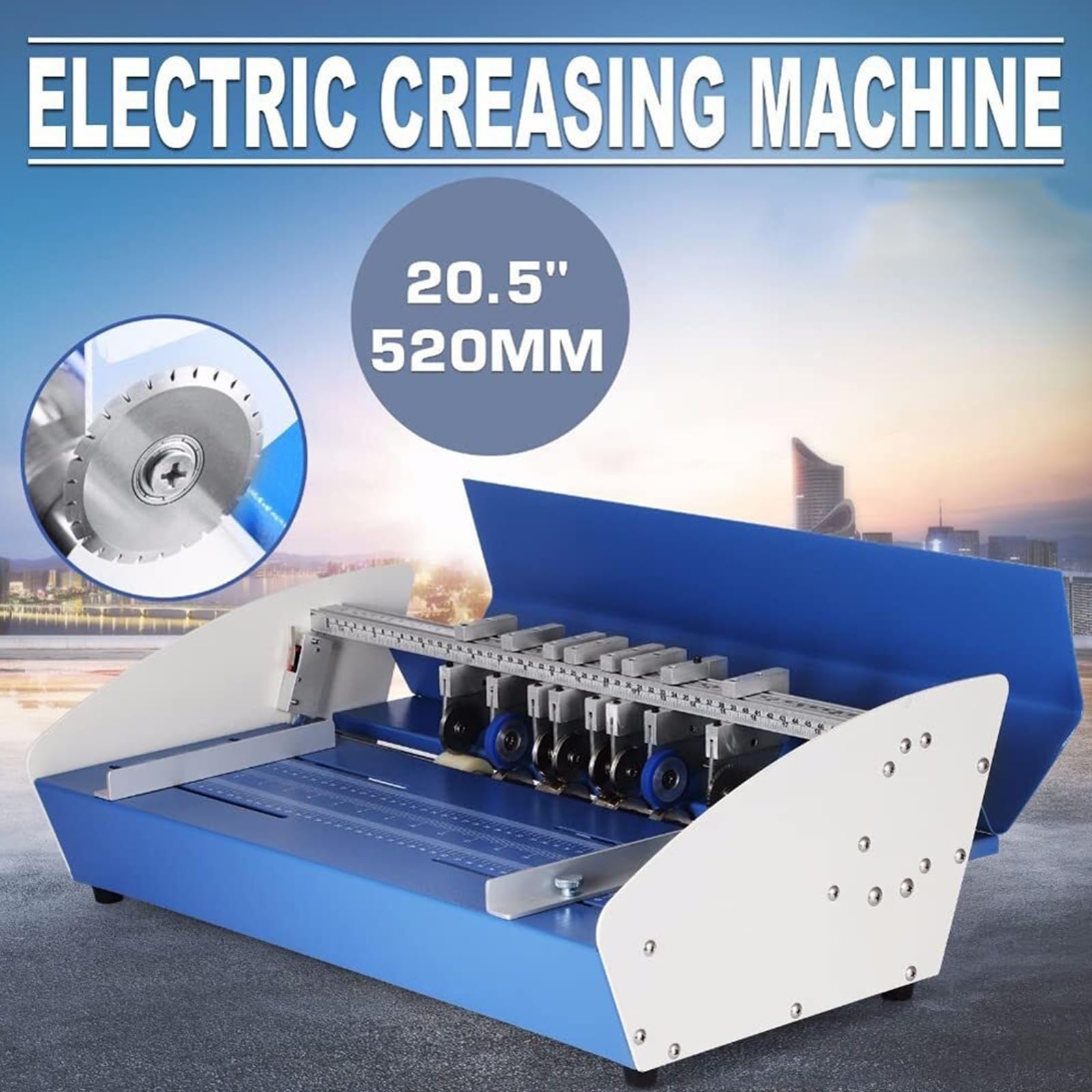 Machine à plier électrique 3 en 1, plieuse multifonction de 520 mm avec échelle de précision, retour automatique par ressort et profondeur de pliage réglable pour documents, cartes et photos.