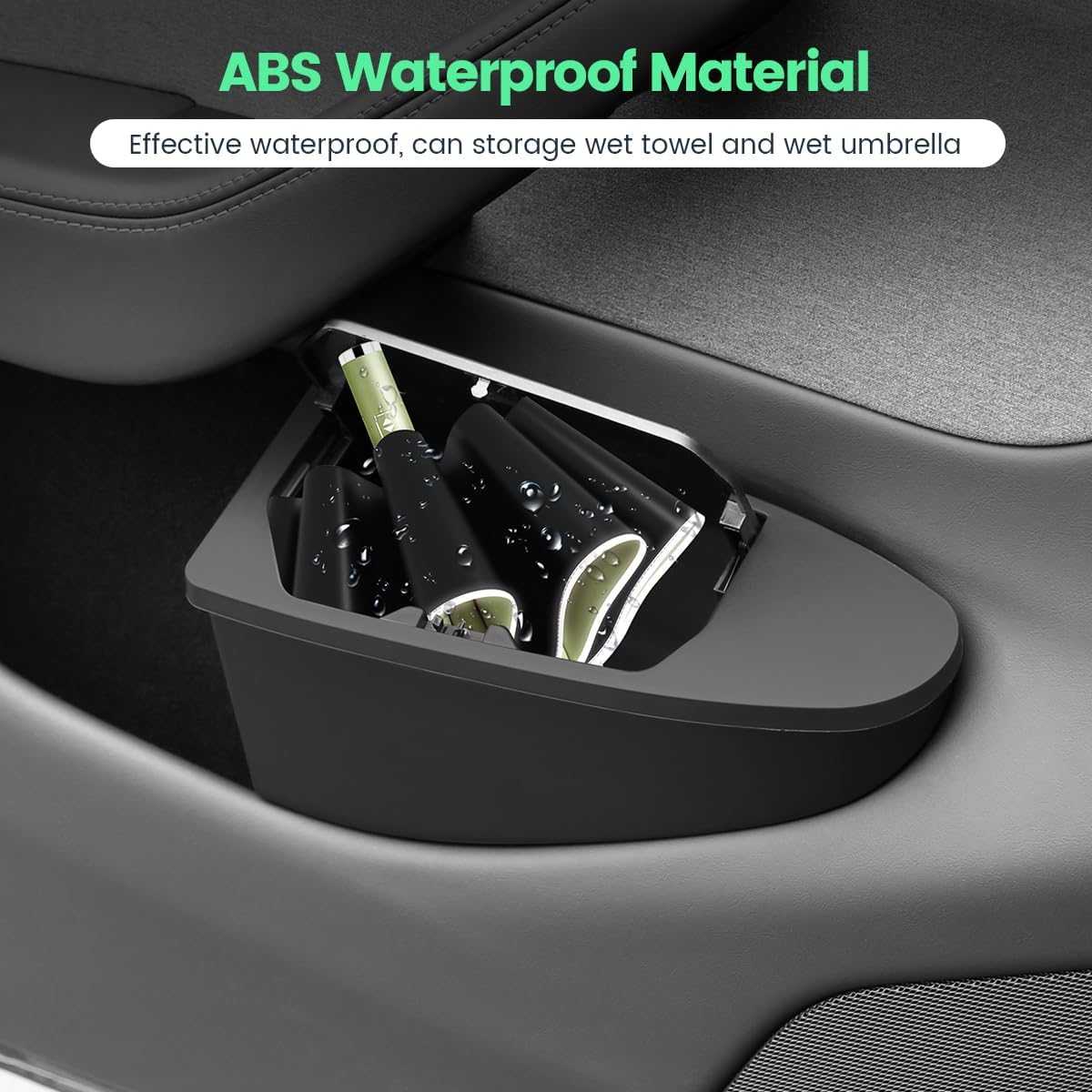 Front Door Storage Organizer Compatible with Tesla Model Y Juniper 2025 2026, 2 PCS Car Trash Can Trash Bin with Push-Open Lid Waterproof Side Door Storage Box - Black