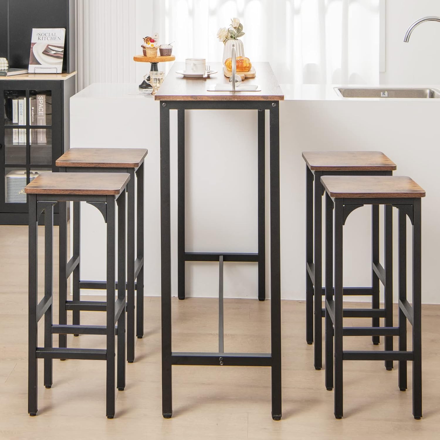 Set of 2 Black and Rustic Brown Adjustable Wood and Metal Bar Stools