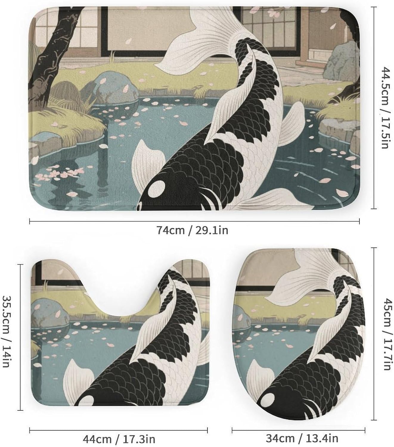Japanese Yin Yang Koi Fish Shower Curtain Set 4 Piece, Non-Slip Bath Mat with Toilet Lid Cover and Waterproof Shower Curtain with 12 Hooks, Complete Bathroom Set for Home Decor