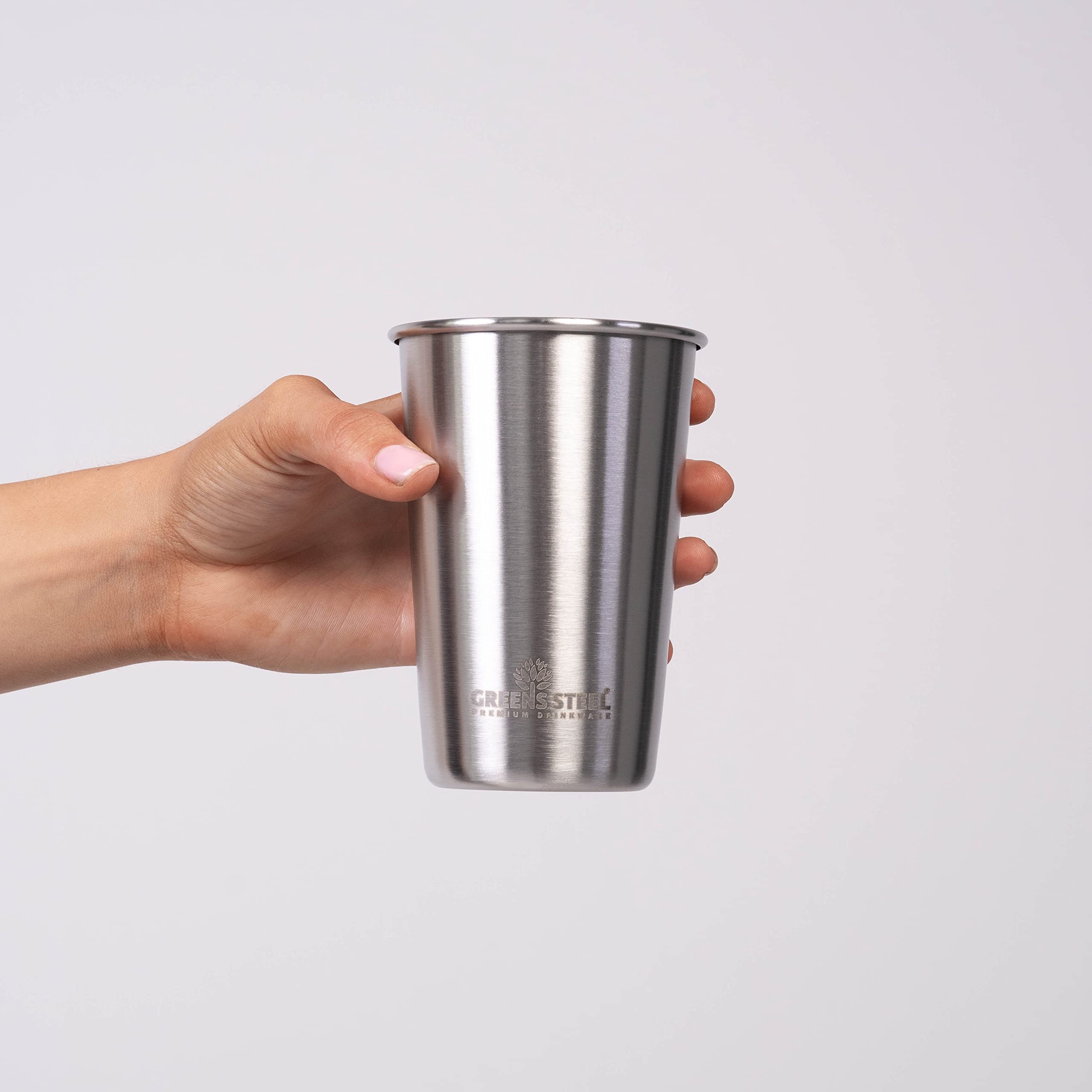 Greens Steel Gobelet en Acier Inoxydable Premium #1, 475ml, Gobelet Inox Enfant et Adulte (Lot de 4) - Verres en Métal Premium - Tasse Empilable, Durable