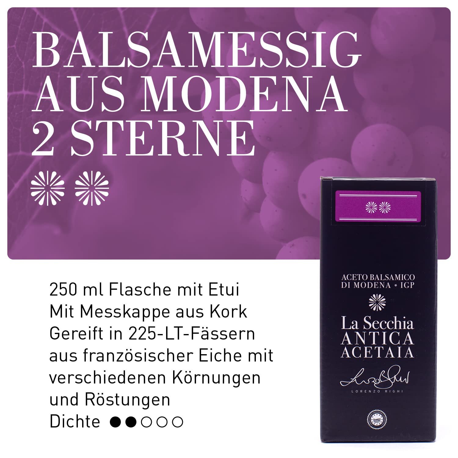 La Secchia Balsamico Essig aus Modena IGP "Zwei Sterne", Gereift in 8 Eichenfässern, Mittlere bis Niedrige Dichte, 250 ml Flasche mit Kork-Dosierverschluss, Balsamic Vinegar g.g.A.