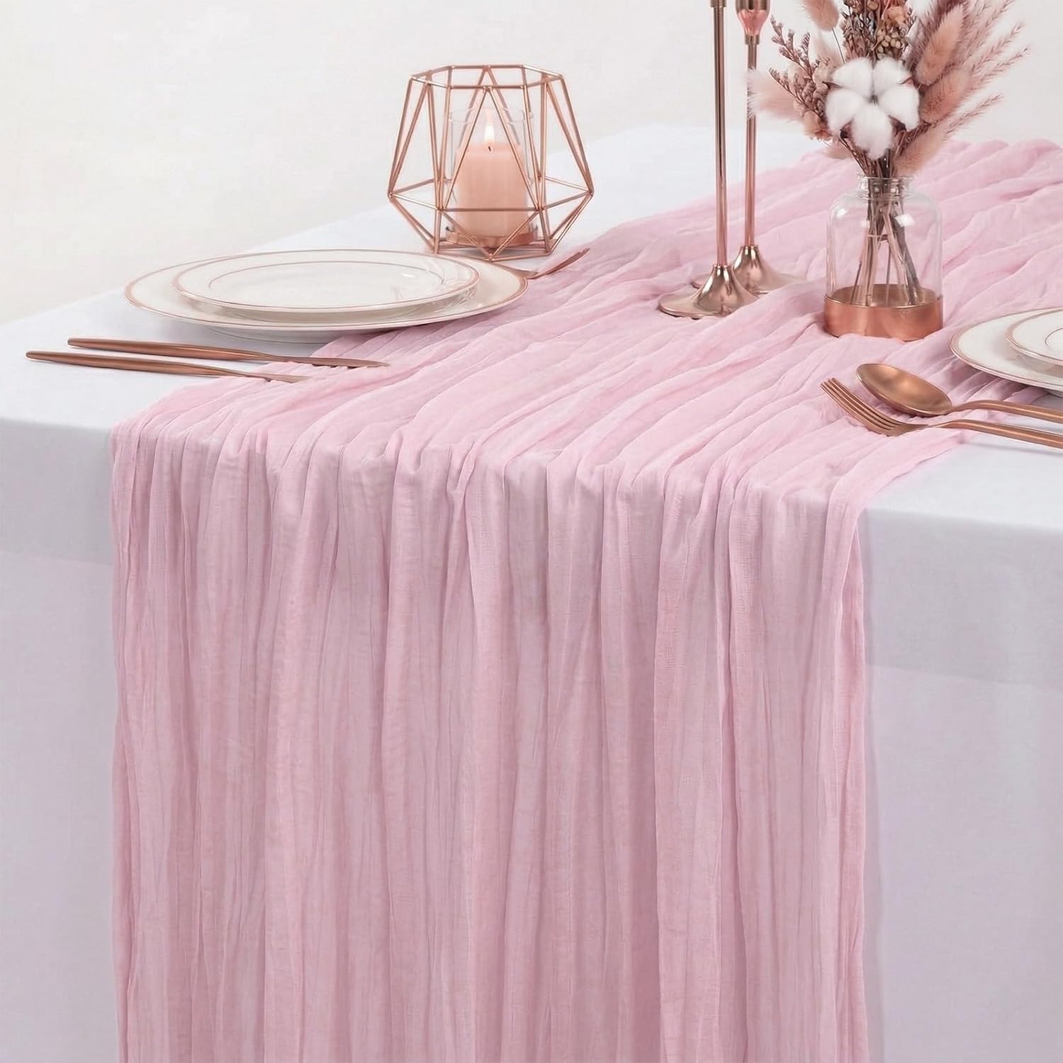 Pink Cheesecloth Table Runner 20 x120 Inch - 10FT Boho Rustic Gauze Cheese Cloth Table Runner for Wedding, Anniversary, Baby Shower, Easter, Spring Home Decor (12pack)