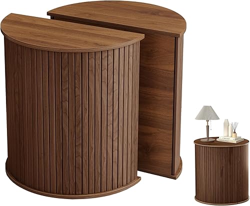 LEVNARY Juego de 2 mesas auxiliares redondas anidables, mesas auxiliares de media luna con tapas de almacenamiento, mesitas de noche estriadas con disponible en Yaxa Guatemala