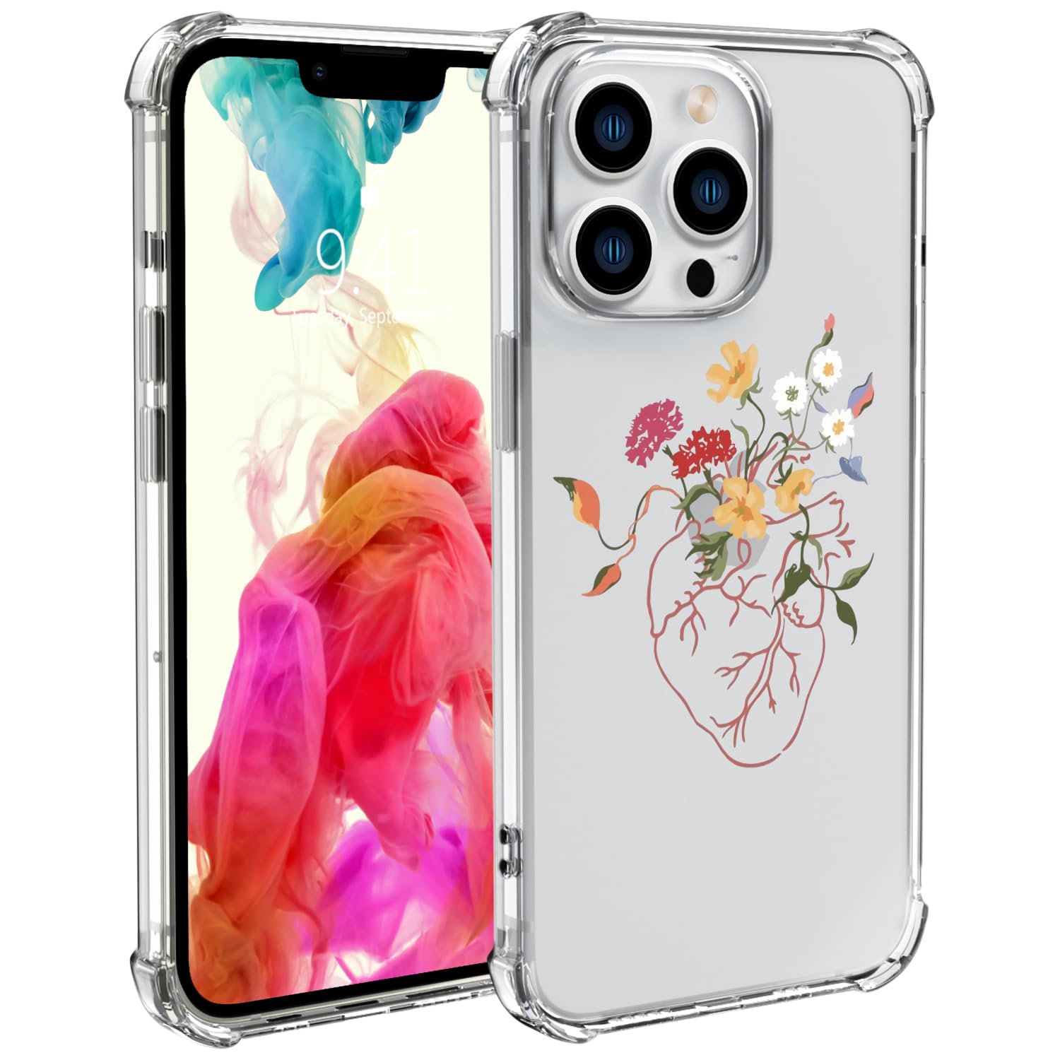 Wihytec Heart-Shaped Flower Bouquet Phone Case for iPhone 13 Flower Core Case Cover Clear Phone Case w/Four Corner Reinforced Shockproof Girly Women Phone Cover Transparent Preppy Phone Case