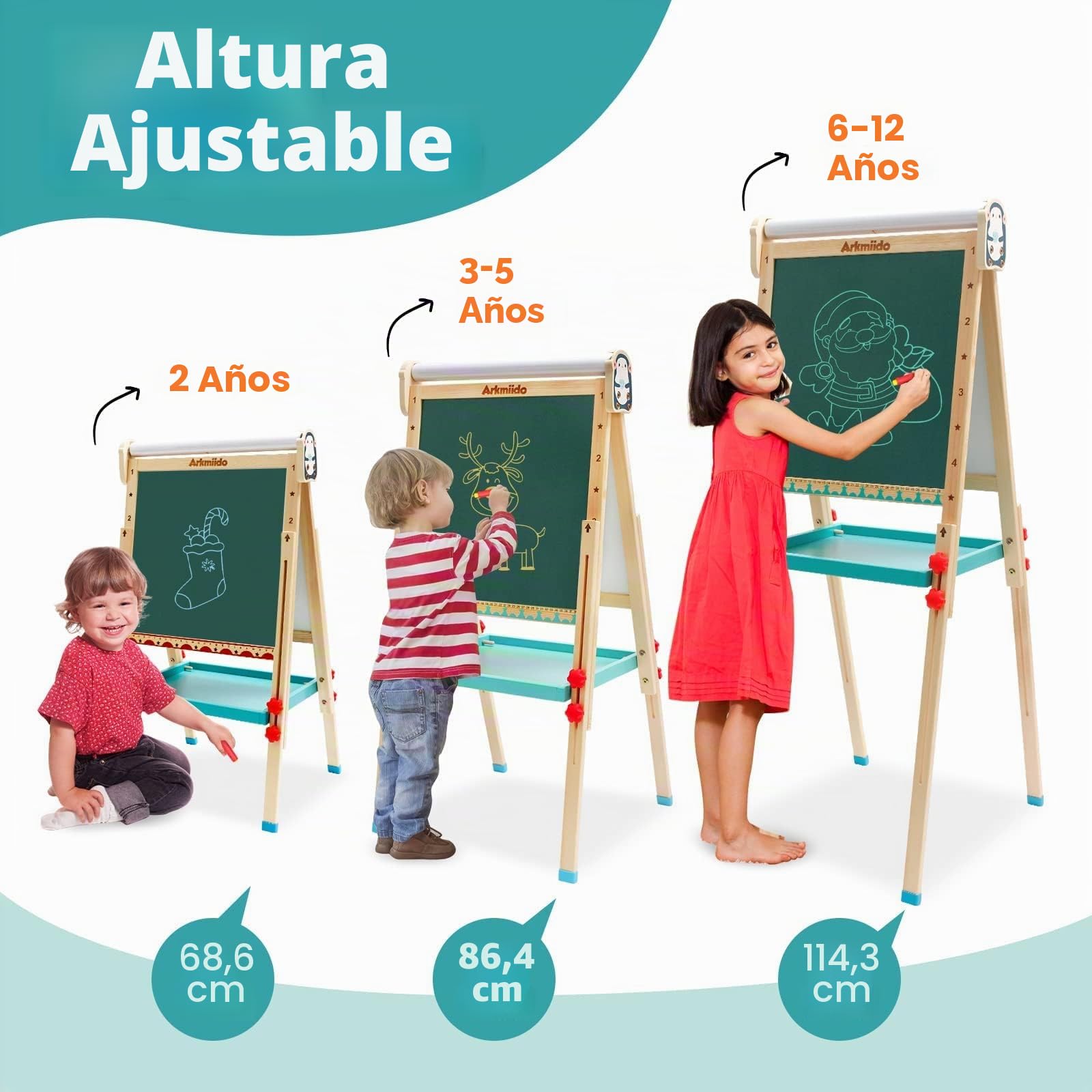 Caballete para Niños, Caballete de Arte de Madera con Altura Ajustable con Rollo de Papel, Bandeja de Almacenamiento y Otros Accesorios, Pizarra y Pizarra Independiente para Niños y Jóvenes
