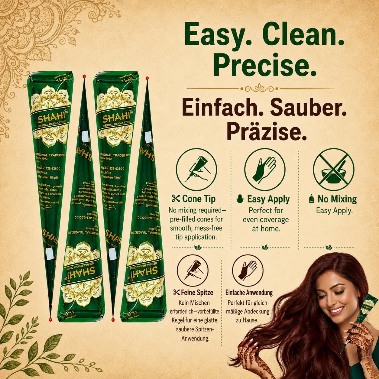 Shahi Premium Henna Cone (Mehndi) | Natürliche Mehndi-Paste | 3 gebrauchsfertige Henna-Kegel | Rötlich-braune Farbe | Je 28 g