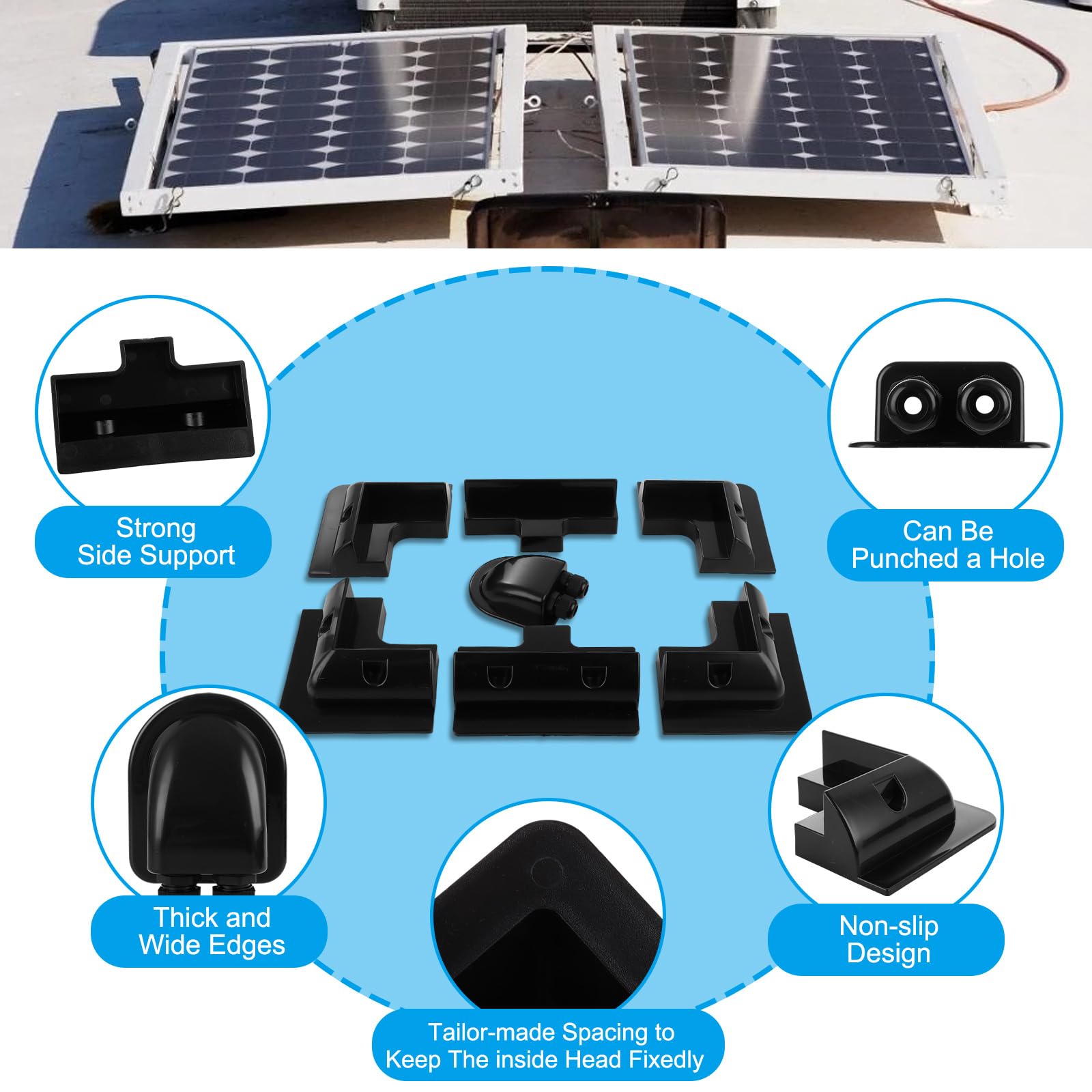 Kit di staffe di montaggio per pannello solare, staffe angolari e laterali in plastica ABS con scatola di ingresso cavi, sistema di montaggio solare nero per camper, camper, barca