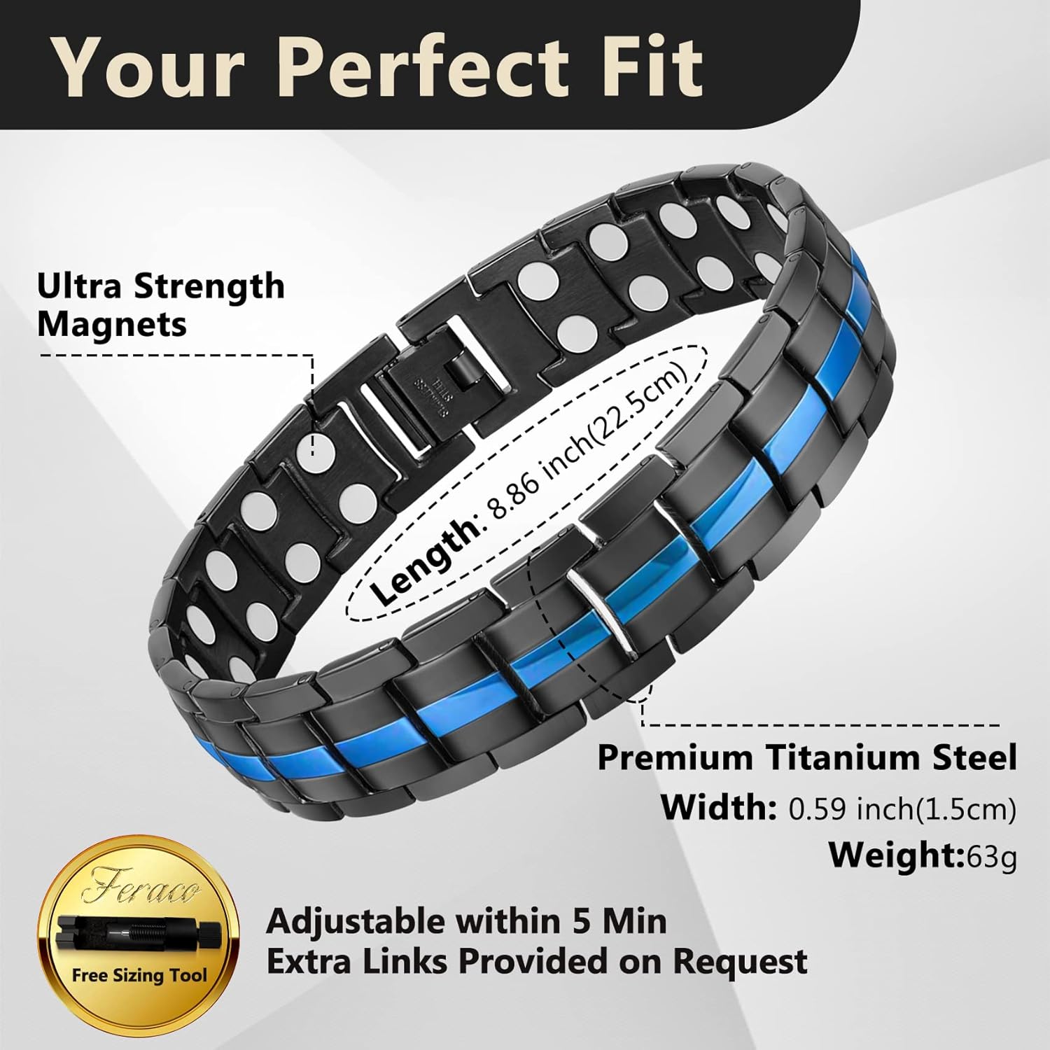 Feraco Magnetic Bracelet for Men Titanium Steel Magnetic Bracelet for Men with Double Row Magnets Adjustable (Black & Blue Line) : Health & Household
