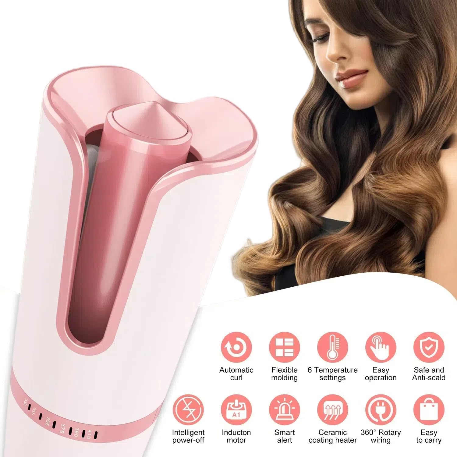 Big Wave Automatic Hair Curler, Ceramic perm?Automatic Curling Iron with 6-Speed Temperature Control, Fast Heating, 1-Hour Smart Power-Off Function, in Pink.