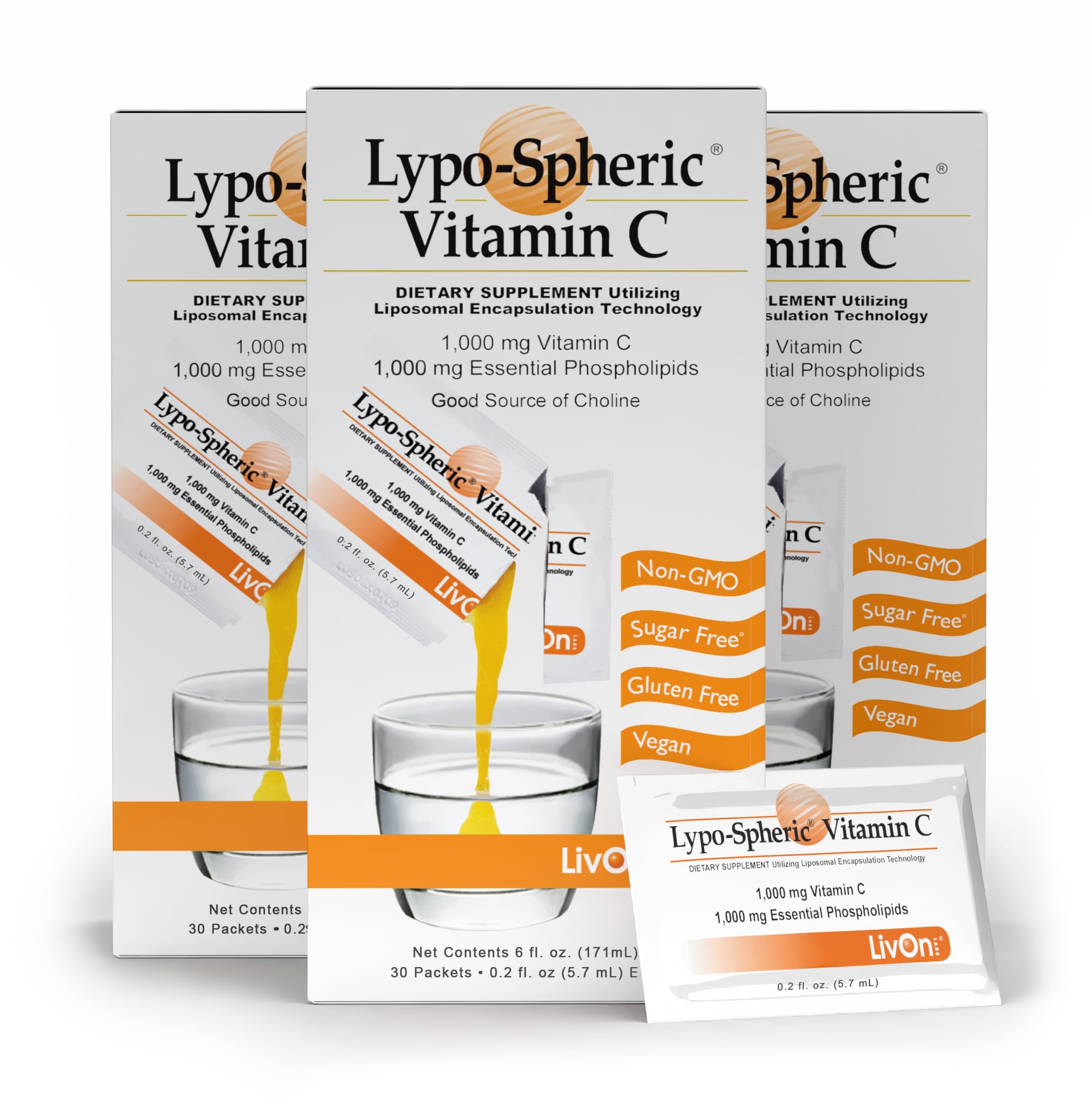 Lypo–Spheric Vitamin C – 3 Cartons (90 Packets) – 1,000 mg Vitamin C & 1,000 mg Essential Phospholipids Per Packet – Liposome Encapsulated for Improved Absorption – 100% Non–GMO