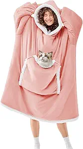 JOYWOO Pink Oversized Wearable Blanket Hoodie,Cat Lovers Long Hoodie Blanket for Adult,Birthday Gifts for Women Men Mom,Cozy Sherpa Sweatshirt Hooded Blanket Giant Pocket Gifts,Mellow Rose Oversize