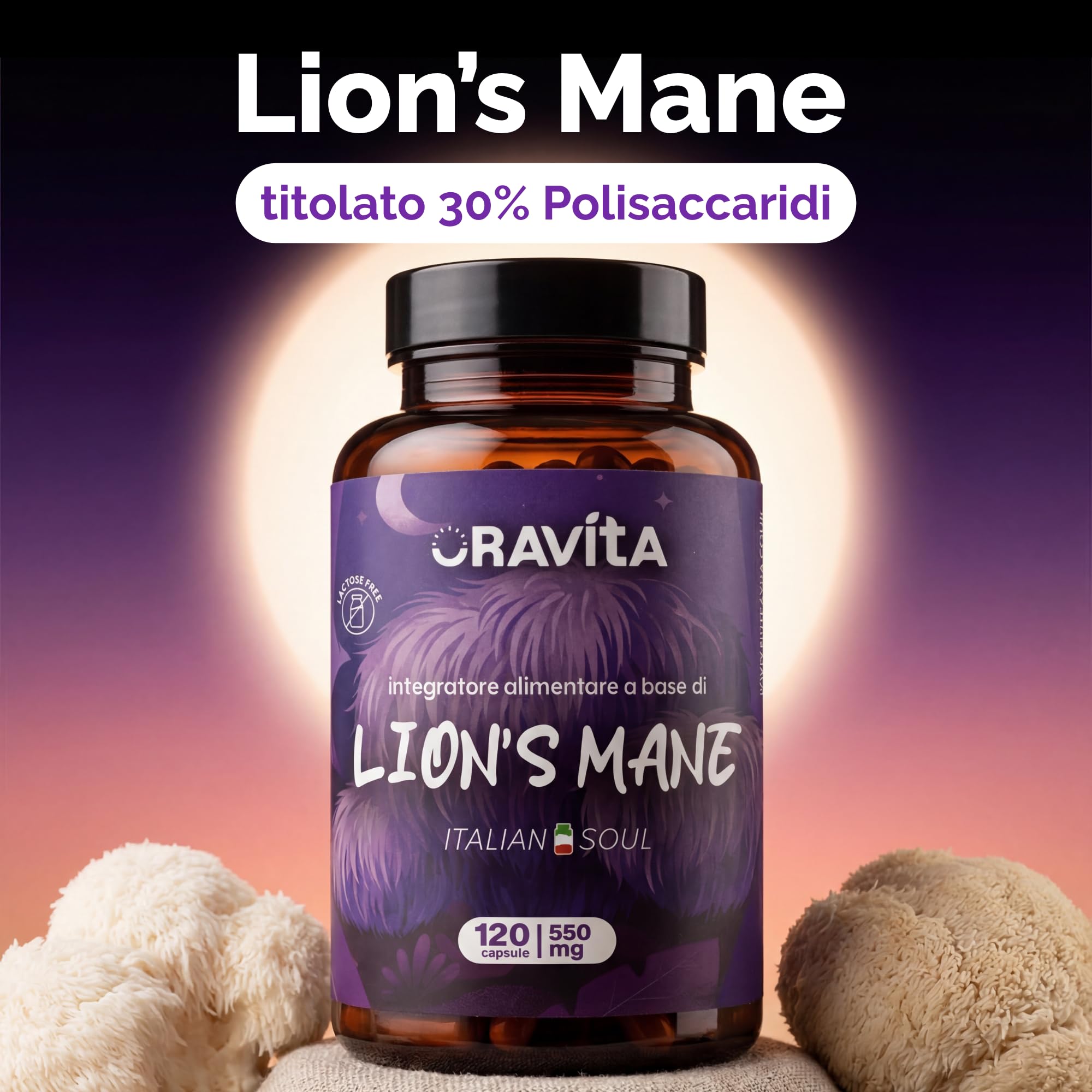 Lions Mane PURO da Frutto – Estratto Hericium Erinaceus 30% Polisaccaridi – 120 Capsule Veg – Integratore Memoria, Concentrazione, Focus e Difese Immunitarie – Fungo Criniera Leone 1110mg | Oravita