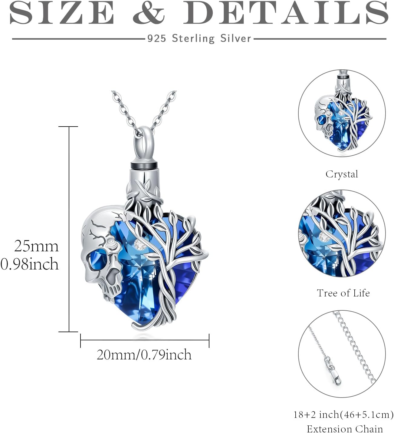 Goth Urn Necklaces for Ashes 925 Sterling Silver Tree of Life Necklaces Skull Punk Pendant Heart Cremation Jewelry Memorial Keepsake Jewelry with Funnel Filler for Women Men