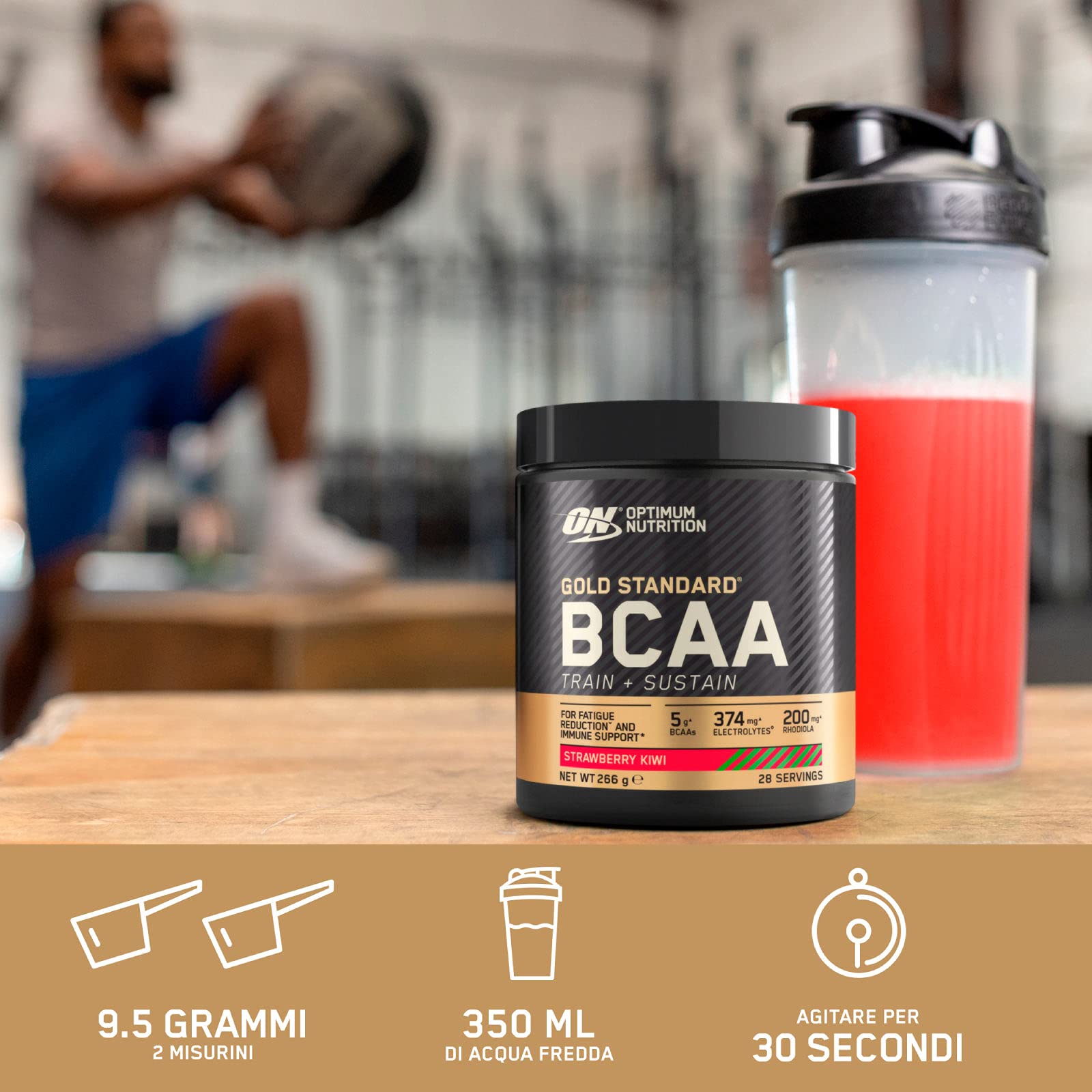 Optimum Nutrition Gold Standard BCAA Train+Sustain Aminoacidi in Polvere Pre-Allenamento Integratore con Vitamina C Zinco Magnesio Elettroliti Gusto Fragola e Kiwi 28 Porzioni 266g + BORRACCIA