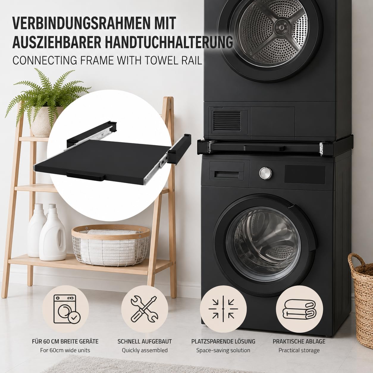 Easy Act Zwischenbaurahmen mit Ausziehplatte 60x60 cm, Waschmaschinen Trockner Verbindungsrahmen aus Stahl, Universal Zwischenbausatz mit Ablage bis 150 kg, Schwarz