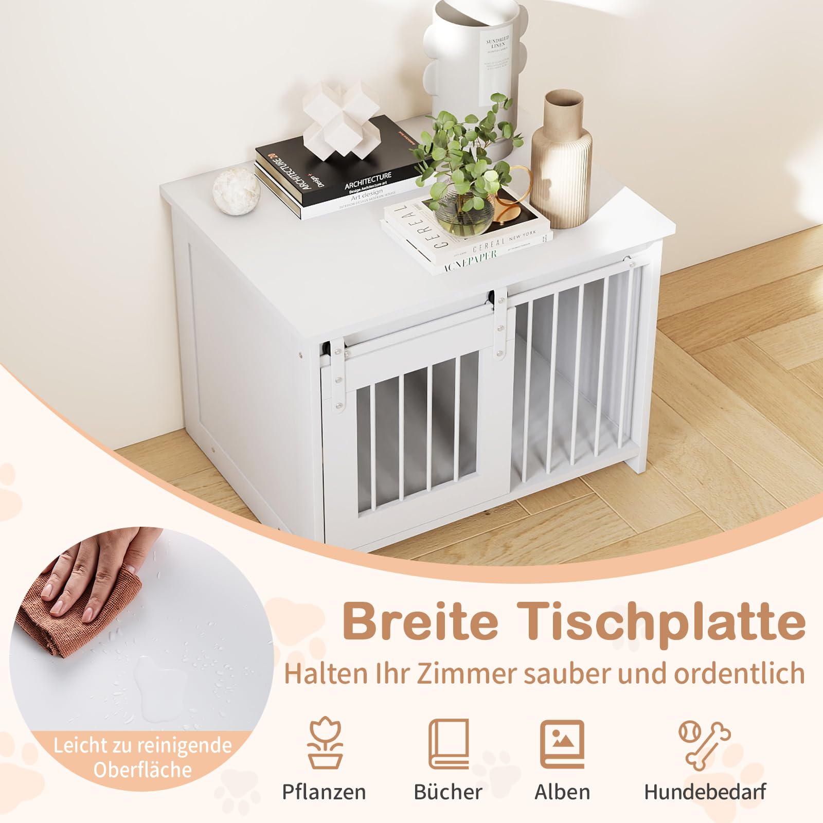 COSTWAY Hundekäfig Möbel, Hundebox für Zuhause, Hundehütte mit Schiebetür, Haustierkäfig aus Metall Holz, Beistelltisch modern, Indoor, für kleine & mittelgroße Hunde, 80 x 60 x 60 cm (Weiß)