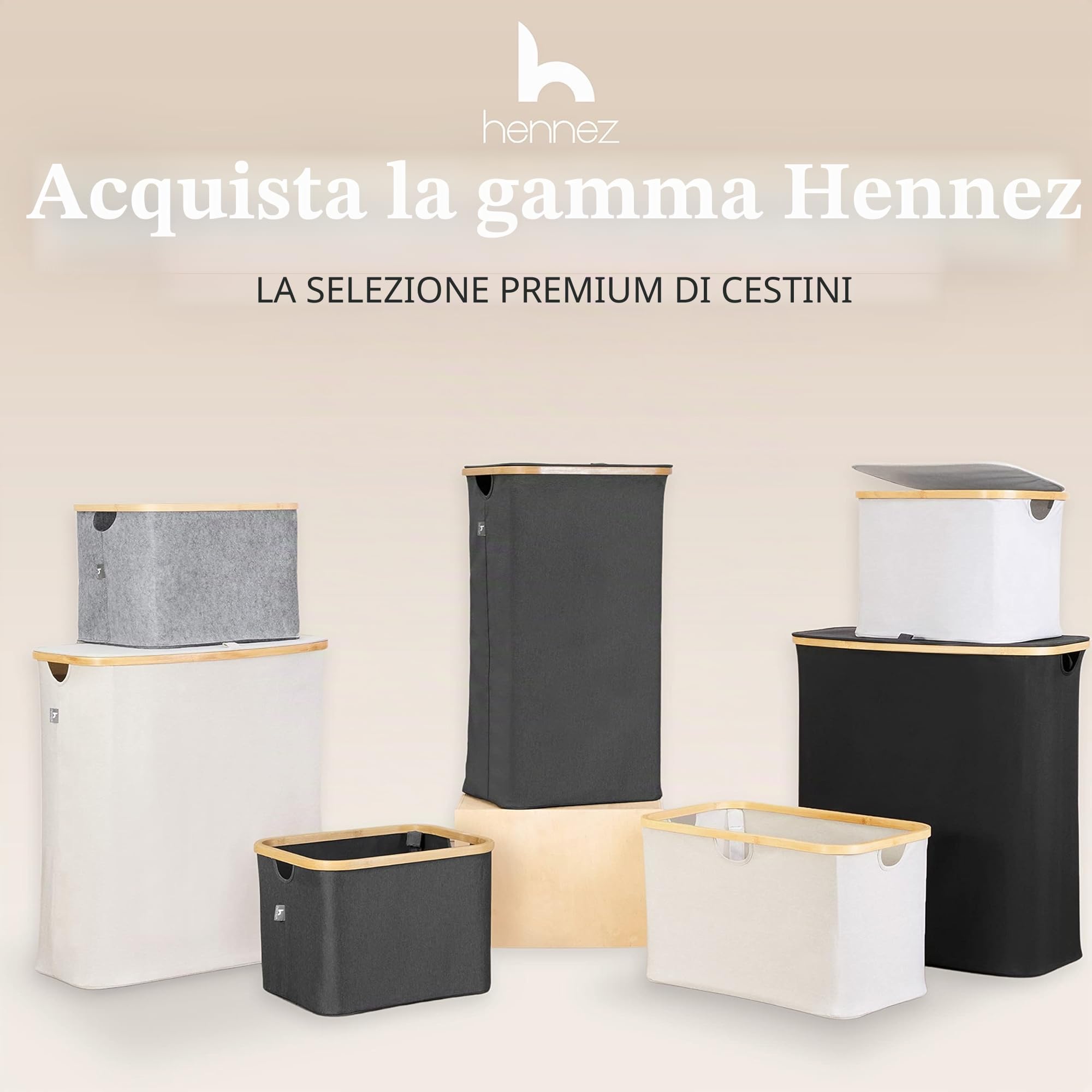 HENNEZ - Cesto Portabiancheria con Coperchio Grigio Chiaro/Beige 150L - 3 Scomparti - Cesta per Panni Sporchi in vimini - Cesta Porta Biancheria Sporca per Bagno - Cesto Portabiancheria Salvaspazi