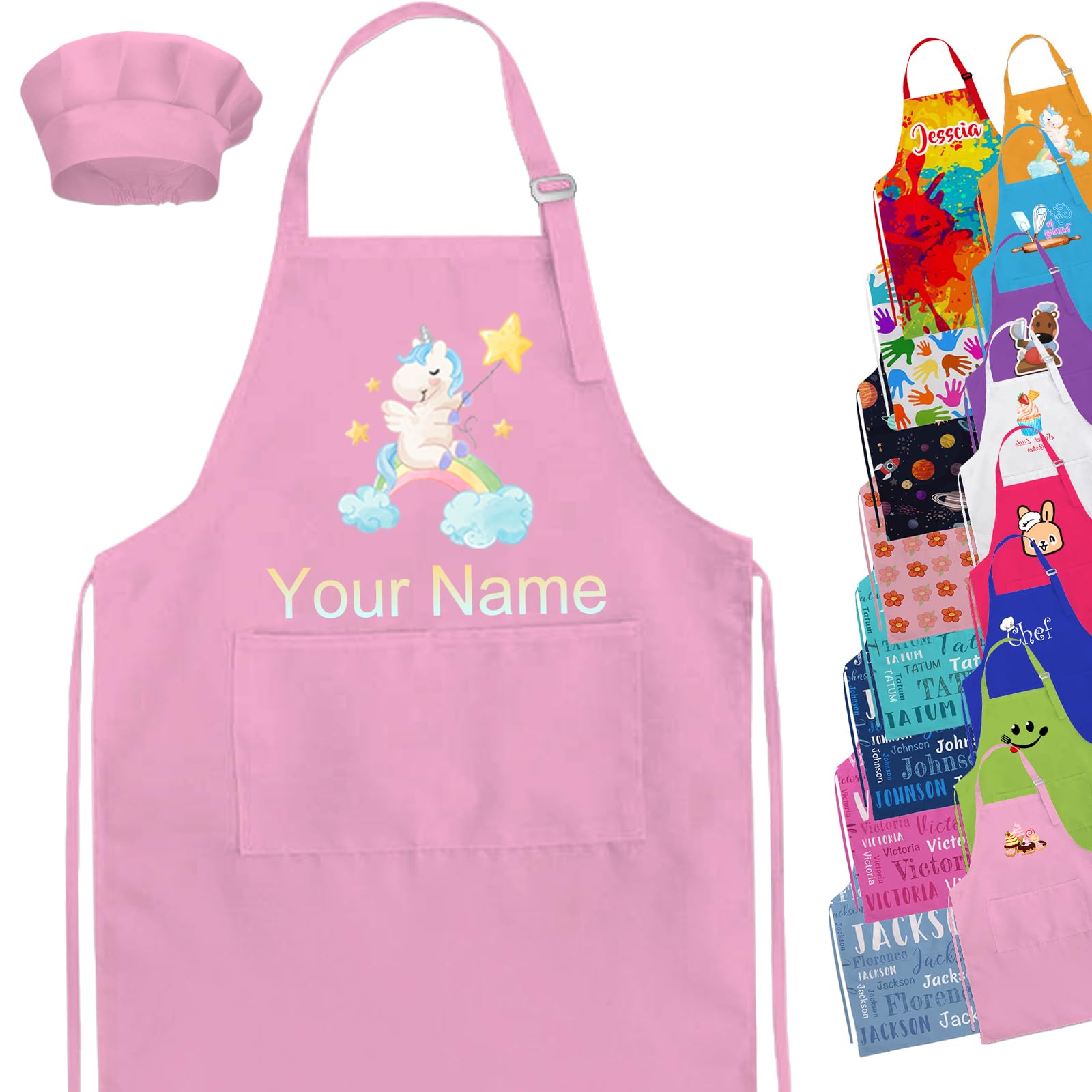 YAEILOV Delantal personalizado para niños con nombre, juego de gorro de chef personalizado, delantales personalizados, regalos para niños y niñas, cocina, horneado, pintura, 7 colores, Multicolor, S