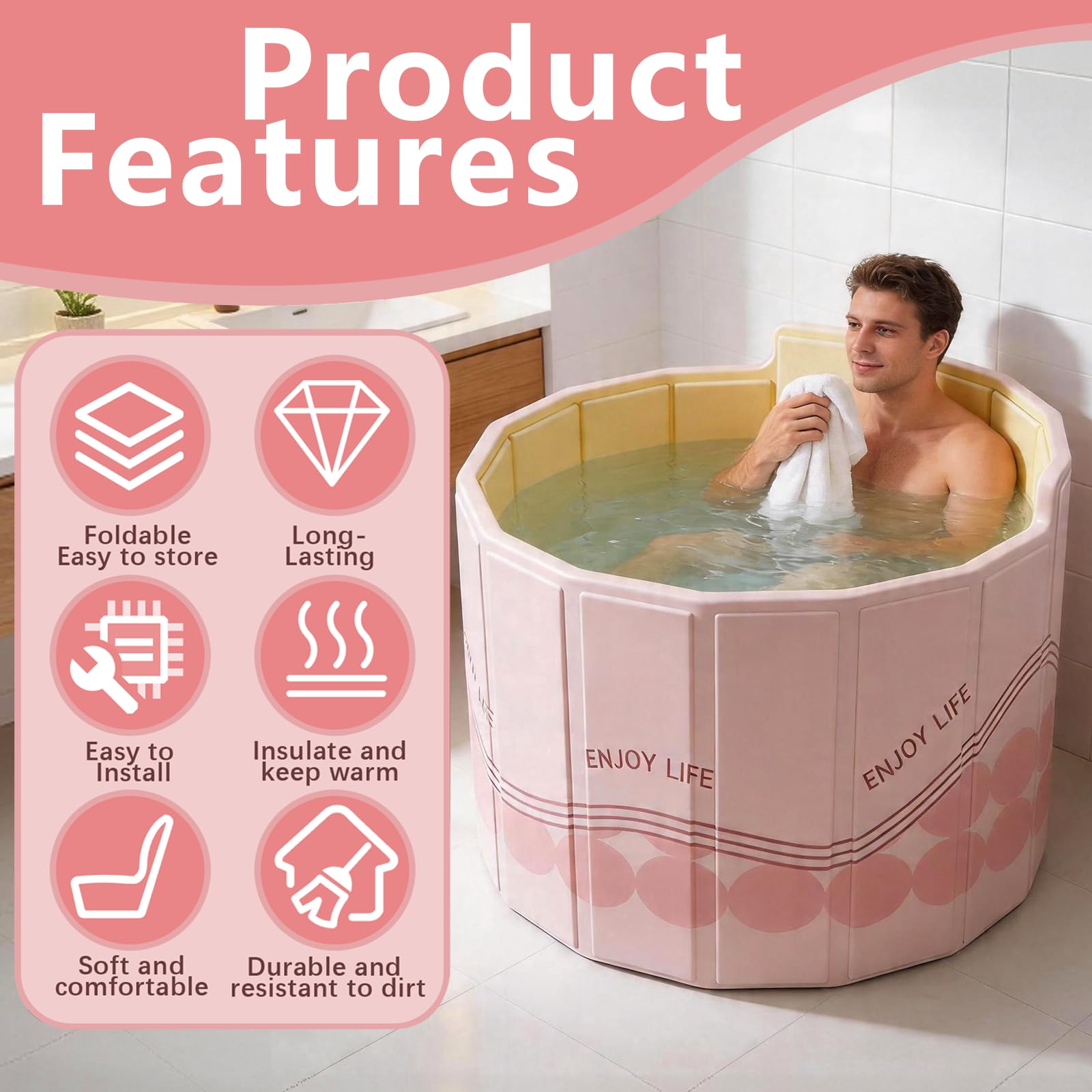Bañera Plegable para Adultos, 80x70 cm (An x Al) Bañera Portátil con Respaldo Ergonómico en C Cubeta de Hielo para Recuperación Deportiva y Baños Calientes para Duchas Pequeñas Exterior y Spa en Casa