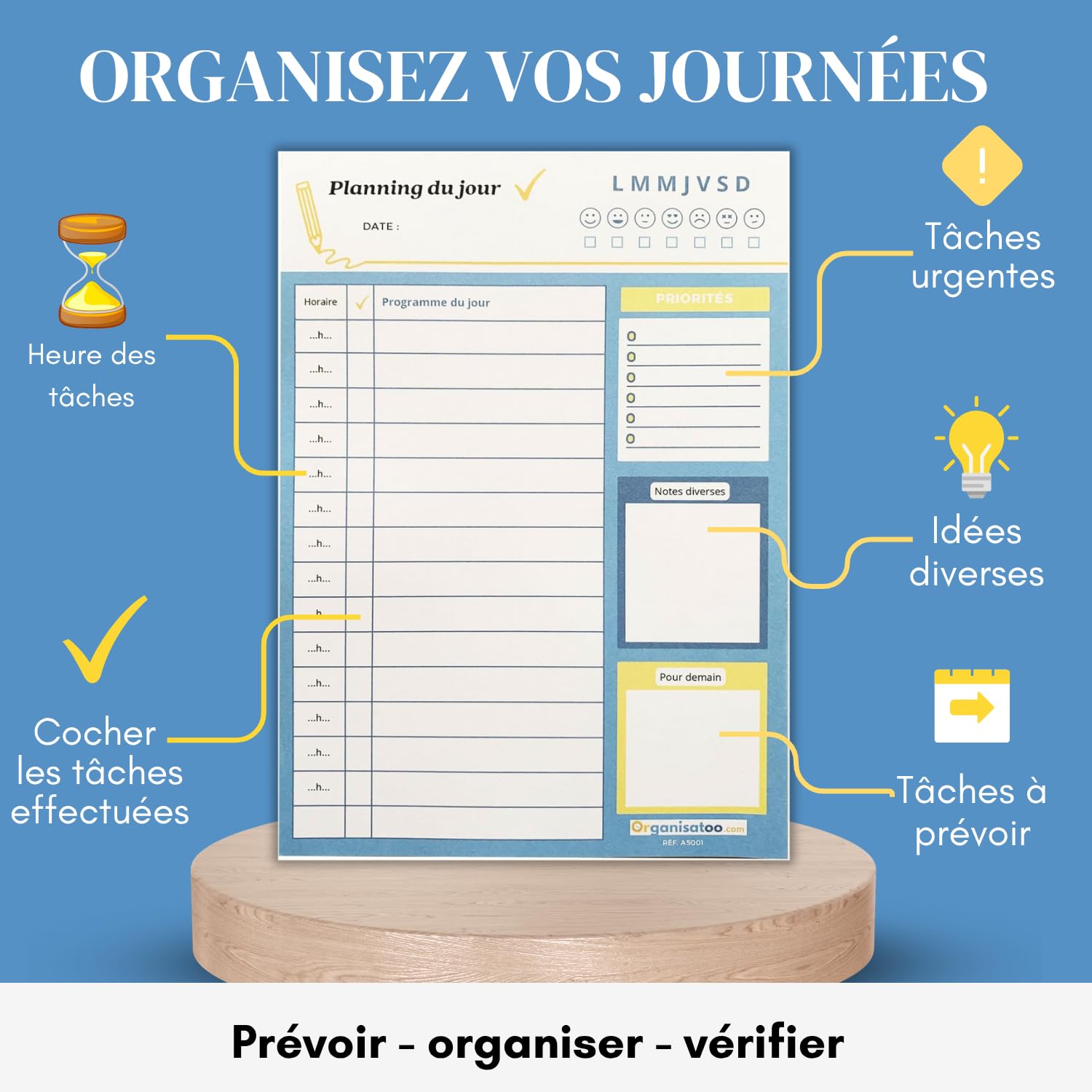 Bloc Planning Quotidien A5 - Planificateur Heure Par Heure, 50 Pages, Français, Organisation Tâches