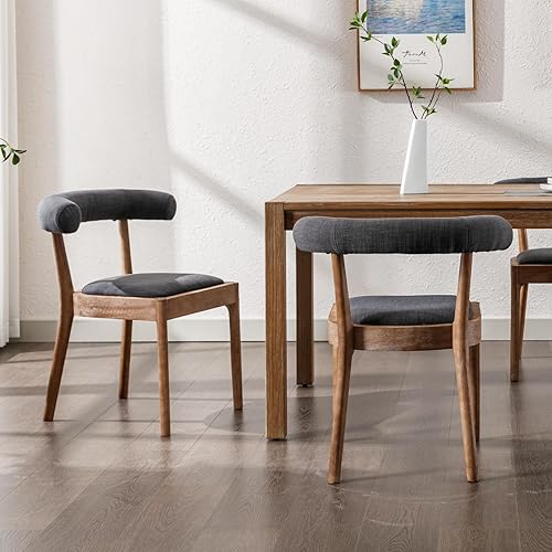 Miniatura 3 de Juego de 2 sillas de comedor de tela de lino, modernas de mediados de siglo, cómodas sillas laterales de madera con respaldo abierto para sala de