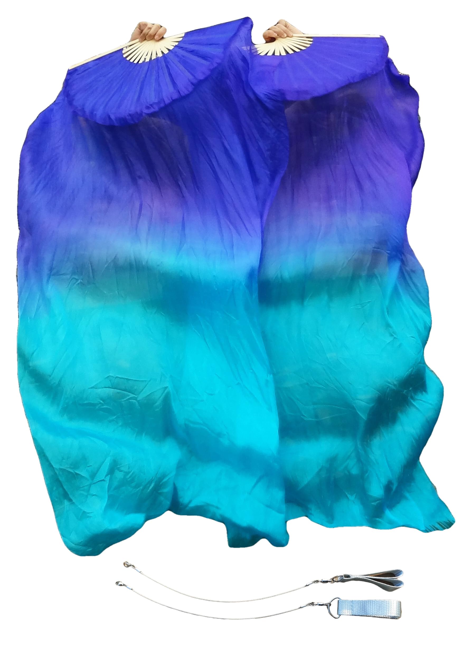 Winged Sirenny Spinning Belly Dance Long Fan Pois 59" (150 cm) Pairs, Adjustable Real Silk Fan Veils (Blue-Turquoise)