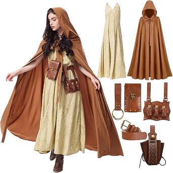 Renaissance Costume Women with Medieval Cloak Dress Potion Belt Apocalypse Wasteland Dune Ren Faire Fantasy Outfit