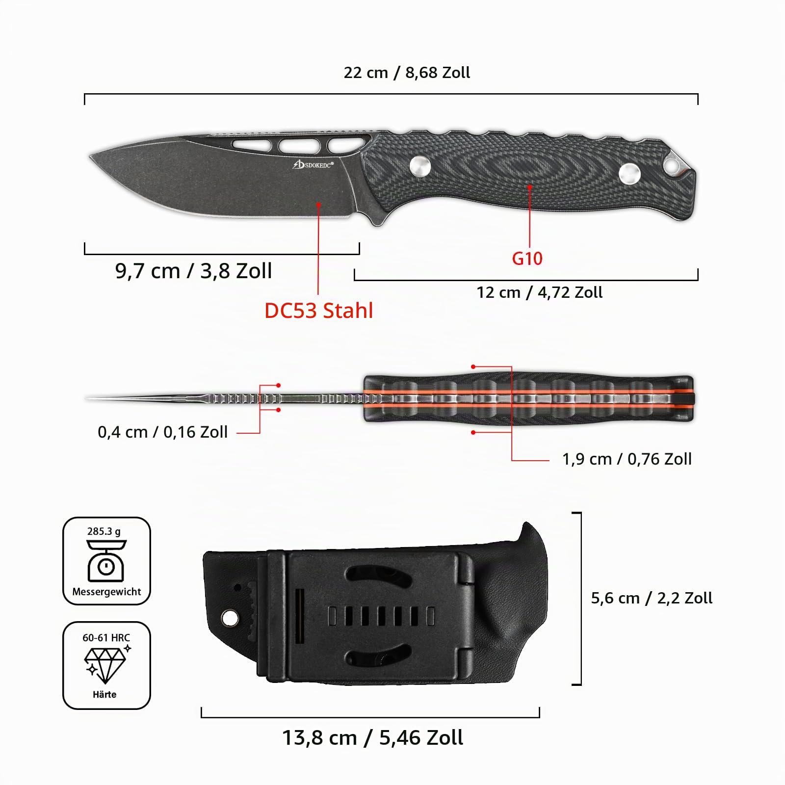 DC53 Stahl messer Feststehende Klinge mit Kydex Scheide für Männer EDC Survival Outdoor Camping (Schwarz/schwarz)