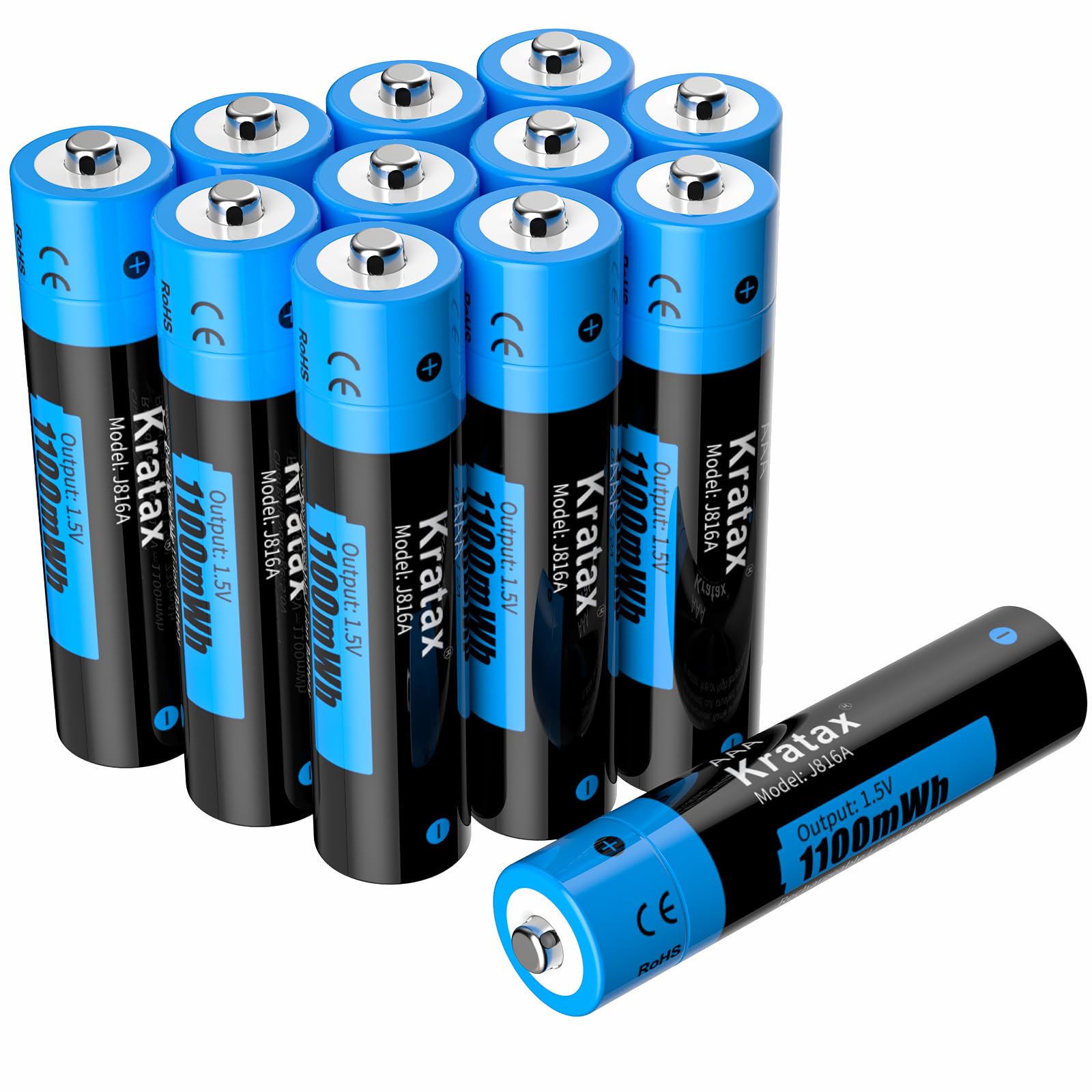 Kratax Batterie au lithium AAA 1,5 V, rechargeable, 1100 mWh (1,5 V/733 mAh), haute capacité, puissance constante, longue durée de vie, 12 piles AAA