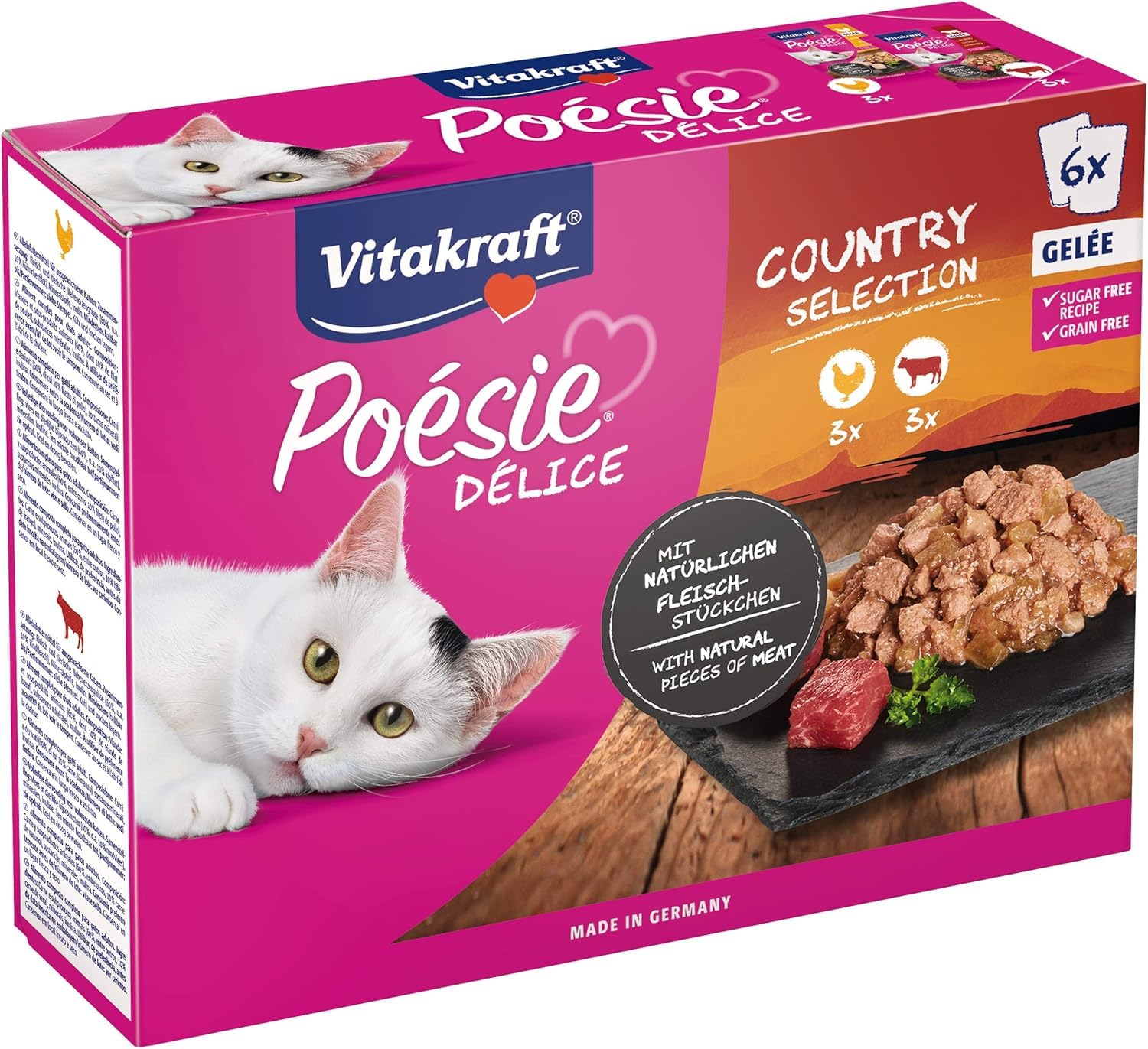 Vitakraft Poésie Délice, Country selection, nourriture humide pour chats, en gelée, avec du poulet, du bœuf (1 paquet de 6x85g)