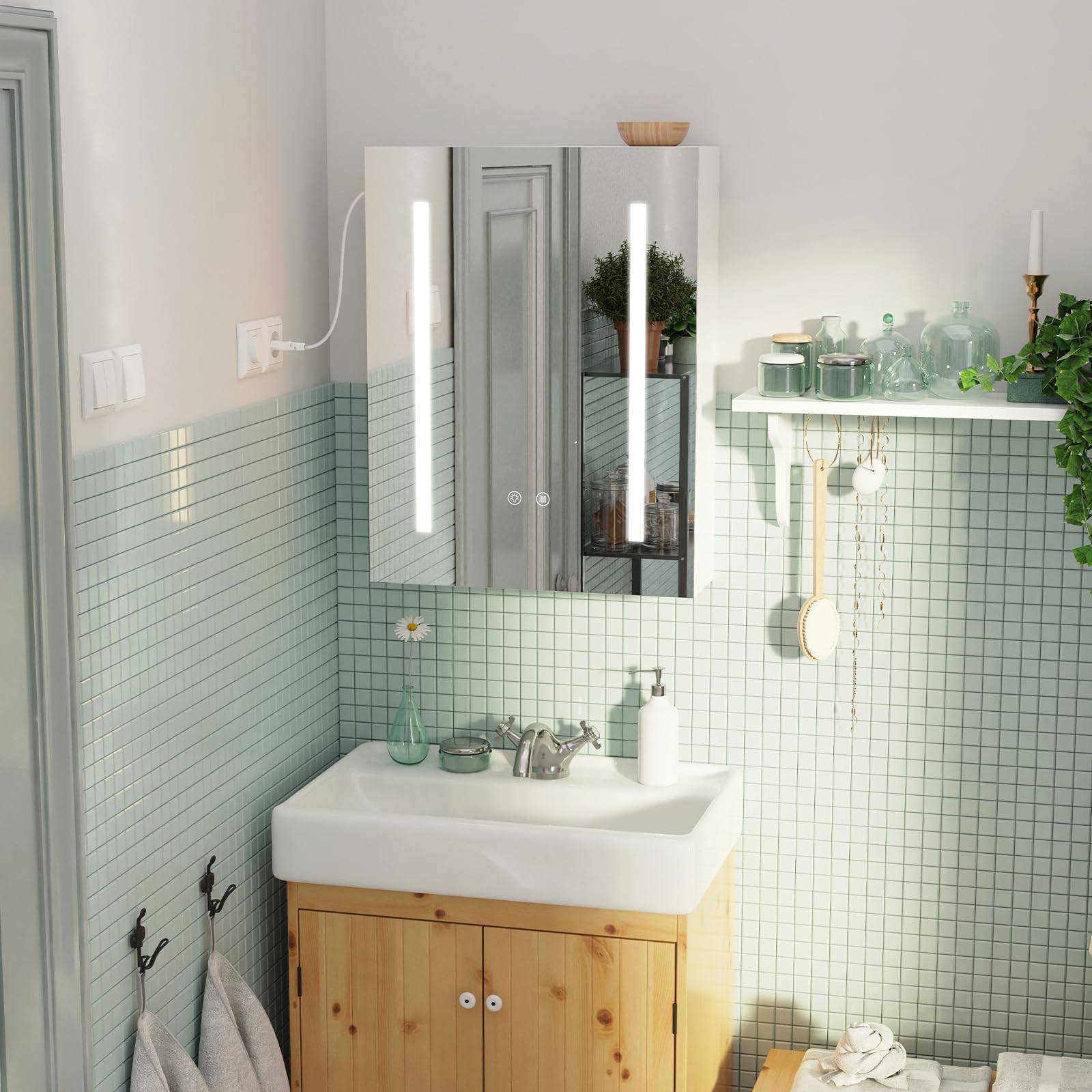 Pipipoxer armario con espejo de baño iluminado y desoxidación, estantes de almacenamiento, 60 x 80 x 15 cm, baño, espejo colgante, 3