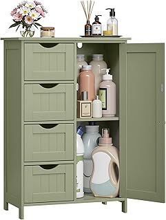 VASAGLE Bathroom Floor Storage Cabinet, Bathroom Storage Unit with 4 Drawers, Bathroom Cabinet Freestanding, with 1 Door, Adjustable Shelf, 30 x 55 x 82 cm, Laurel Green LHC041C02