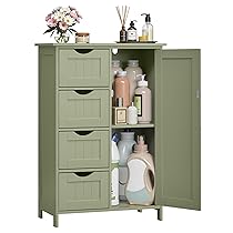VASAGLE Mobile da Bagno, Mobiletto per Bagno Stretto, Organizzatore, Cassettiera, con 4 Cassetti, Anta, Ripiano Regolabile, 30 x 55 x 82 cm, Verde Foresta LHC041C02
