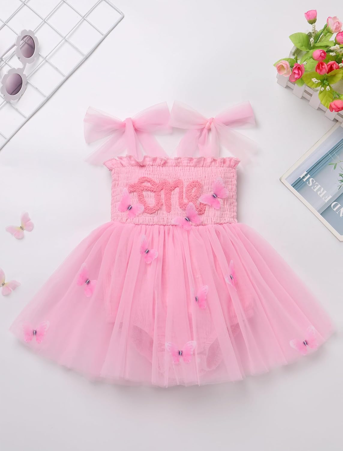 IDOPIP Butterfly 1st Birthday Outfit for Baby Girls Embroidery One Romper Smocked Tutu Dress with Headband Cake Smash Clothes - Image 3