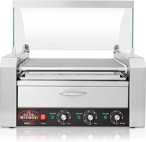 Miniatura 5 de Olde Midway Máquina eléctrica de 30 Hot Dog 11 Roller Grill Cooker Machine con cajón de calentamiento de bollos y tapa, grado comercial, acero