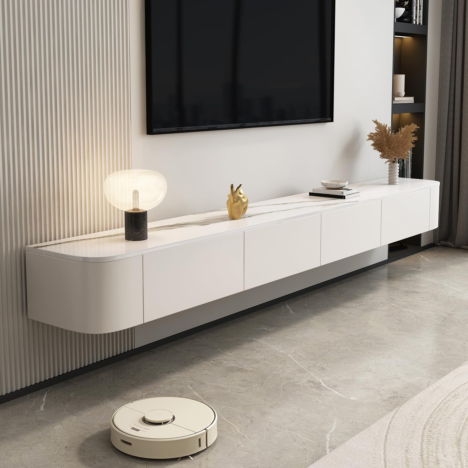 Tonuuoei Floating TV Cabinet Living Room Wall-mounted Bench Suspended Stand With Drawers Media Console (White（B）, 200CM/78.7IN)