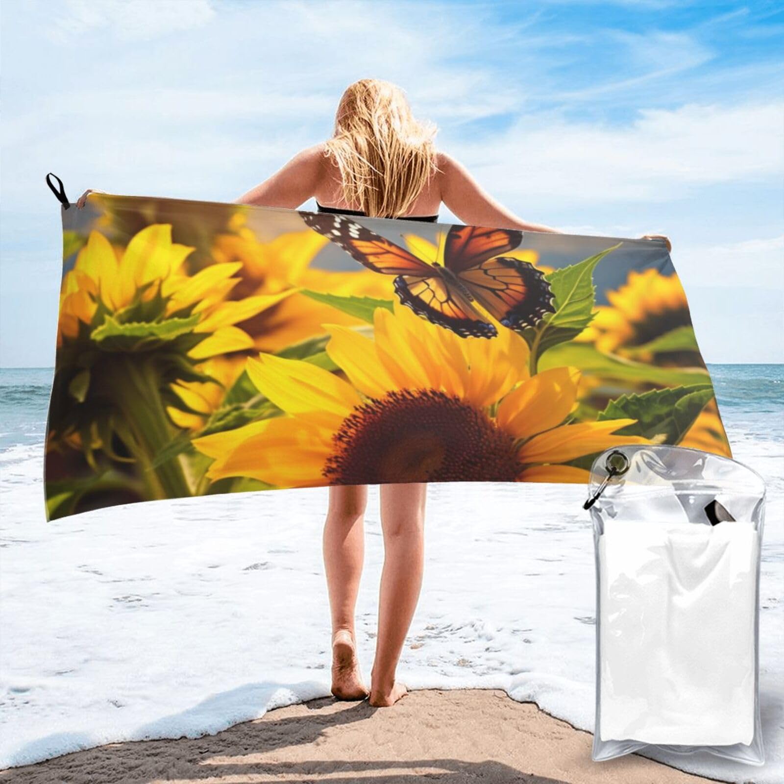 DWVTSLH Microfiber Sand Free Beach Towel 31.5"x63", Quick Dry Absorbent Travel Towel Large Camping Blanket, Sunflower Butterfly Bath Towels Lightweight Pool Swim Towels for Vacation Essentials