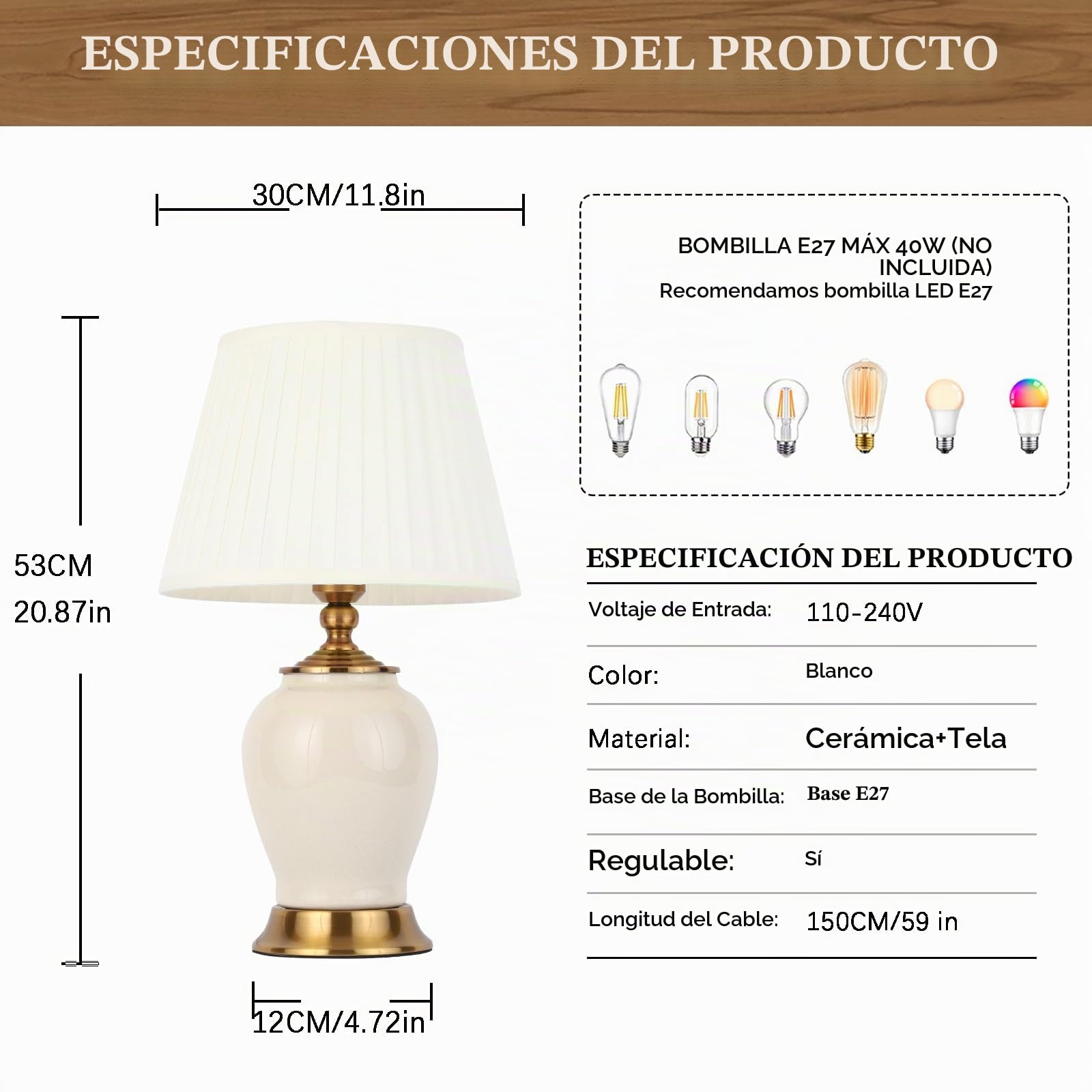 Lámpara de mesa moderna E27 lámparas de mesita de noche, lámpara de escritorio de tela blanca, lámpara de mesa de noche de cerámica, decoración de dormitorio, estudio lámpara de lectura