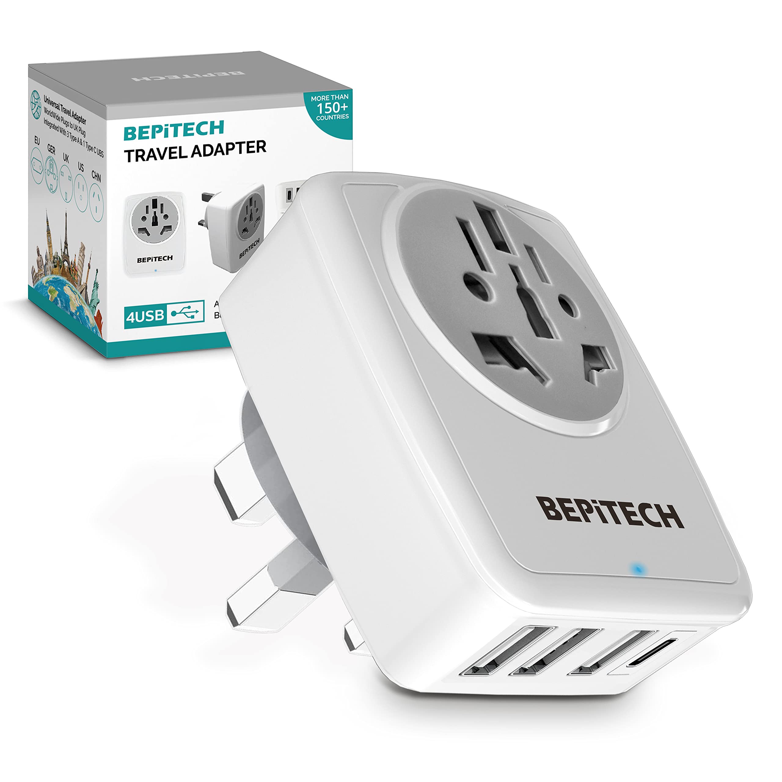BEPiTECH Extension Socket Worldwide to Type G UK Plug Adapter and 4 USB outlets 1 Type-C & 3 Type-A Wall Extender & Multi USB Ports Charger for Tablet Smartphone iPhone for Travel Hotel Office Home