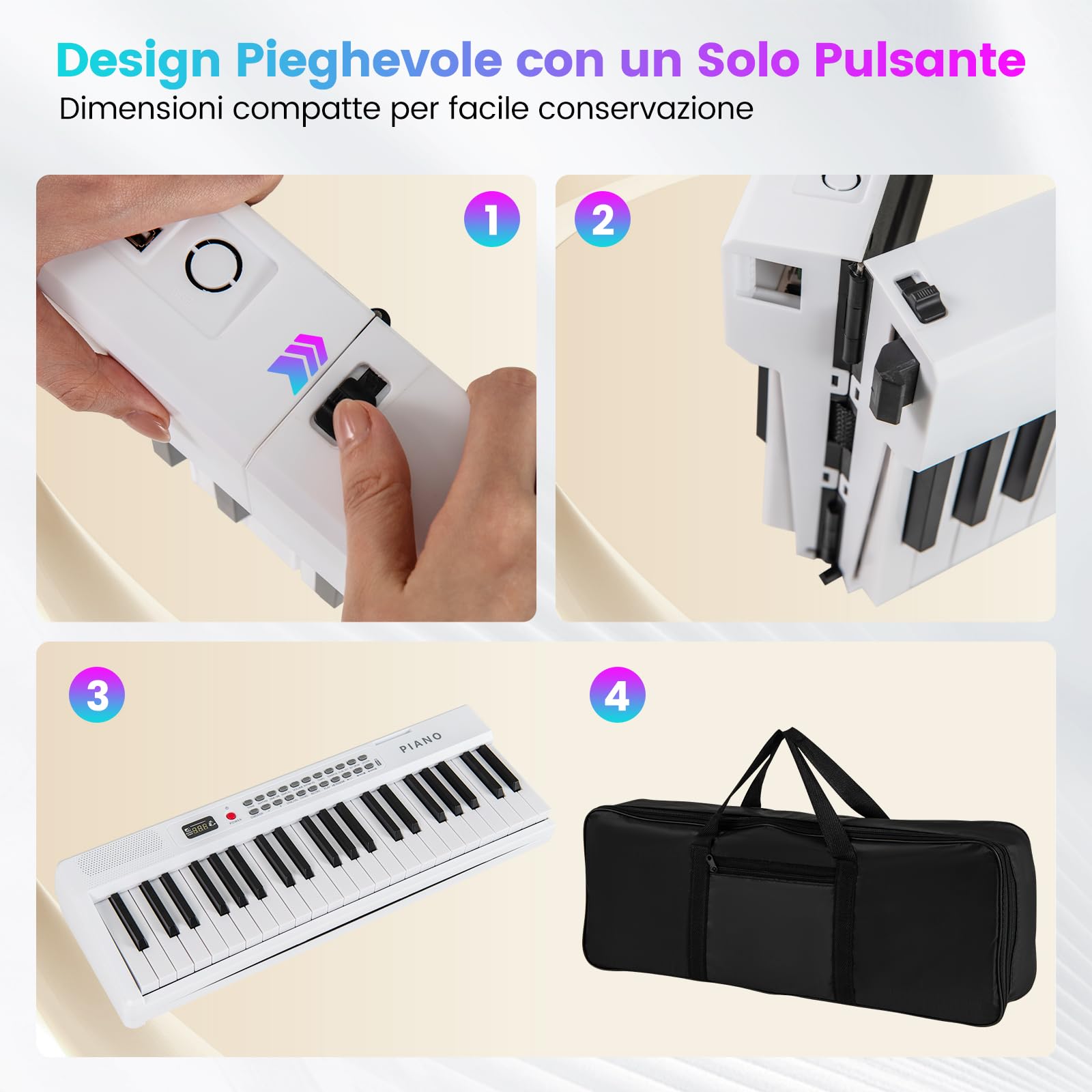 RELAX4LIFE Pianoforte Digitale Pieghevole a 88 Tasti, con MIDI Wireless, Altoparlanti Doppii, 1000 Timbri, 1000 Ritmi, Tastiera Portatile per Principianti, Bambini, Adulti (BIANCO)