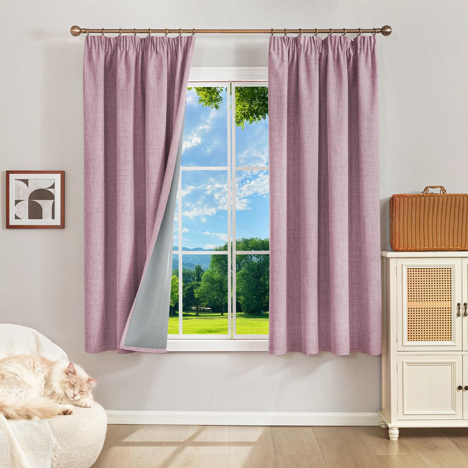 Runyéla 100% Blackout Curtains Pencil Pleat Linen Curtain for Bedroom Living Room Thermal Insulated 46 x 54 Inch Drop 2 Panels Pink